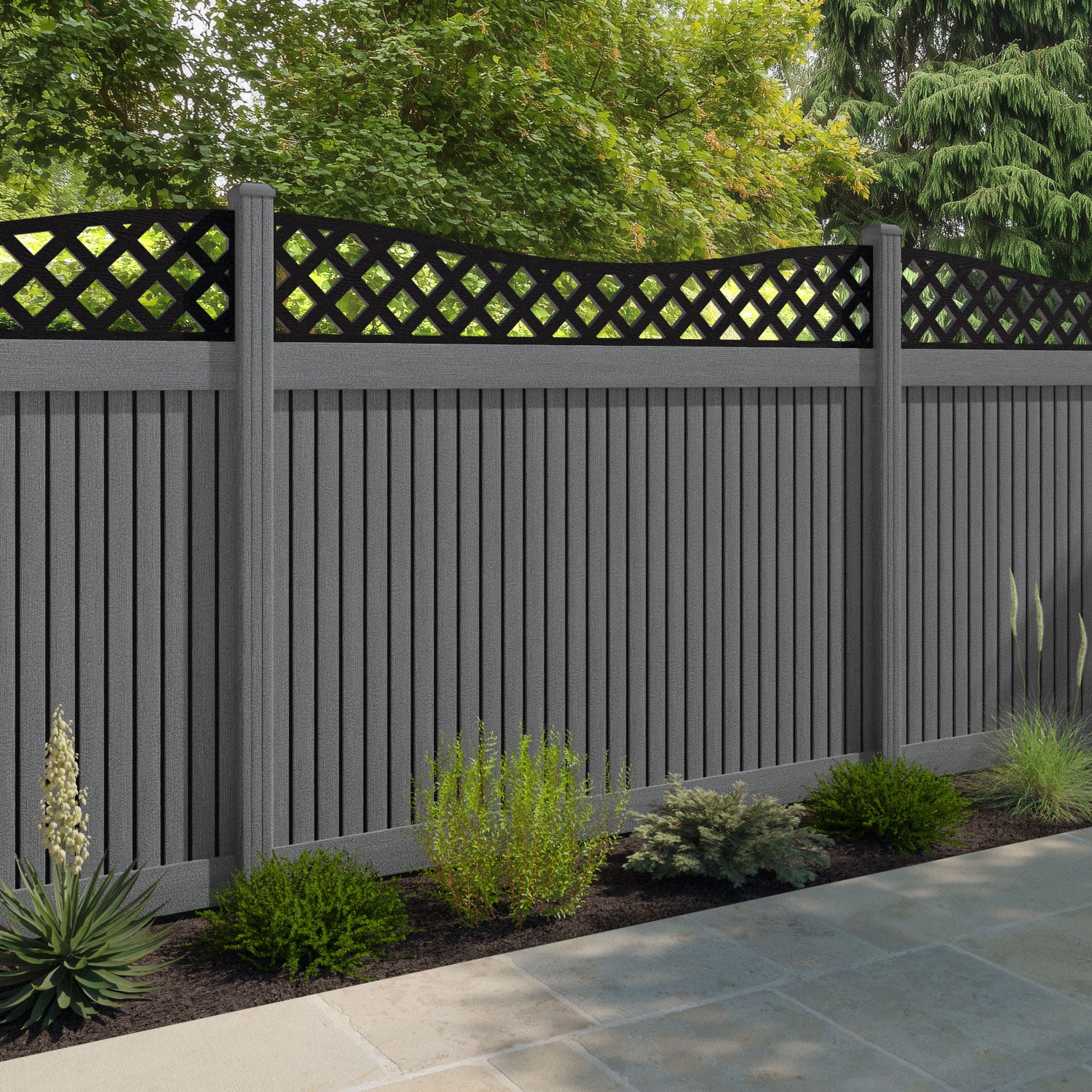 Virtis Low Wave Fence Panel - Mid Grey - with our composite posts