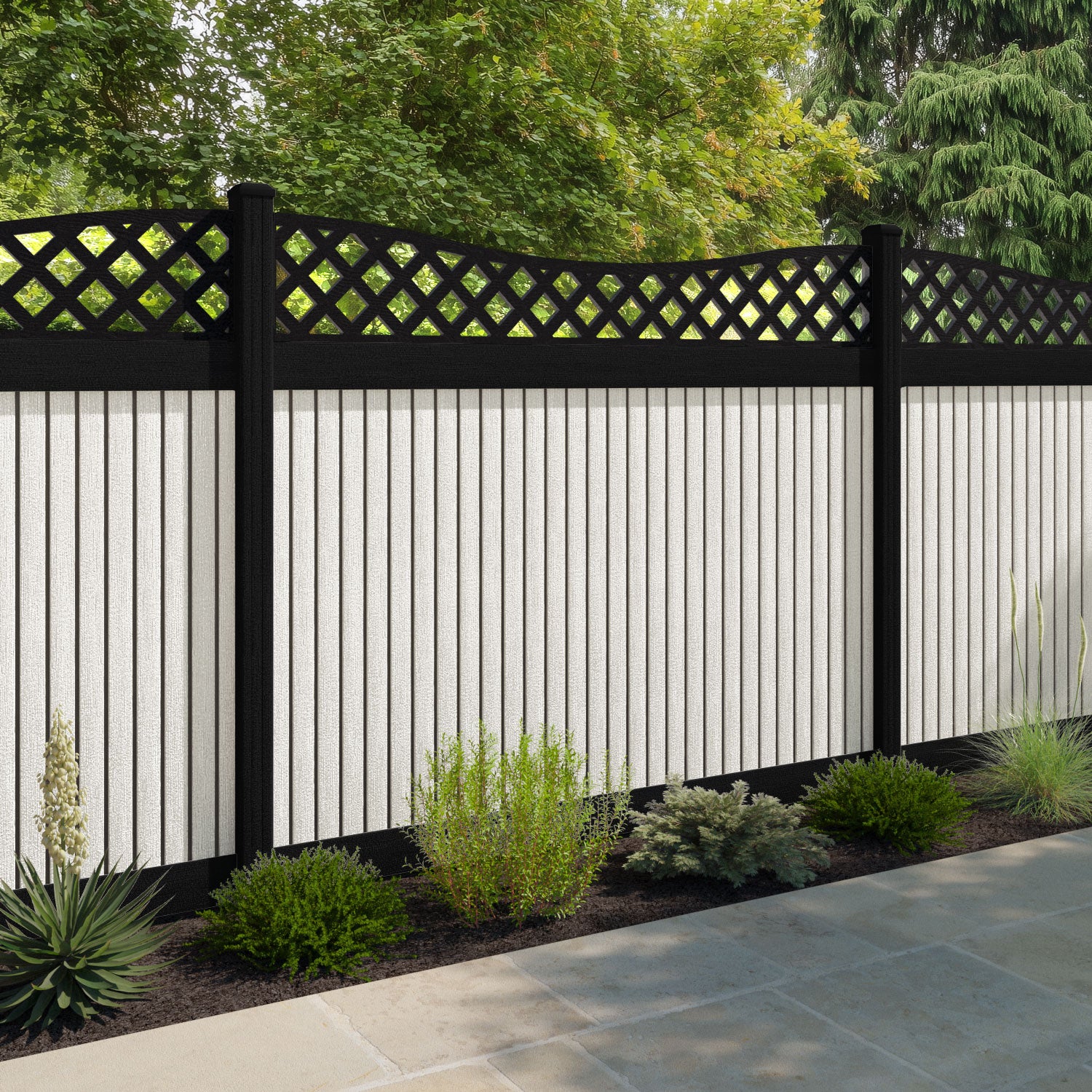 Virtis Low Wave Fence Panel - Light Stone - with our aluminium posts