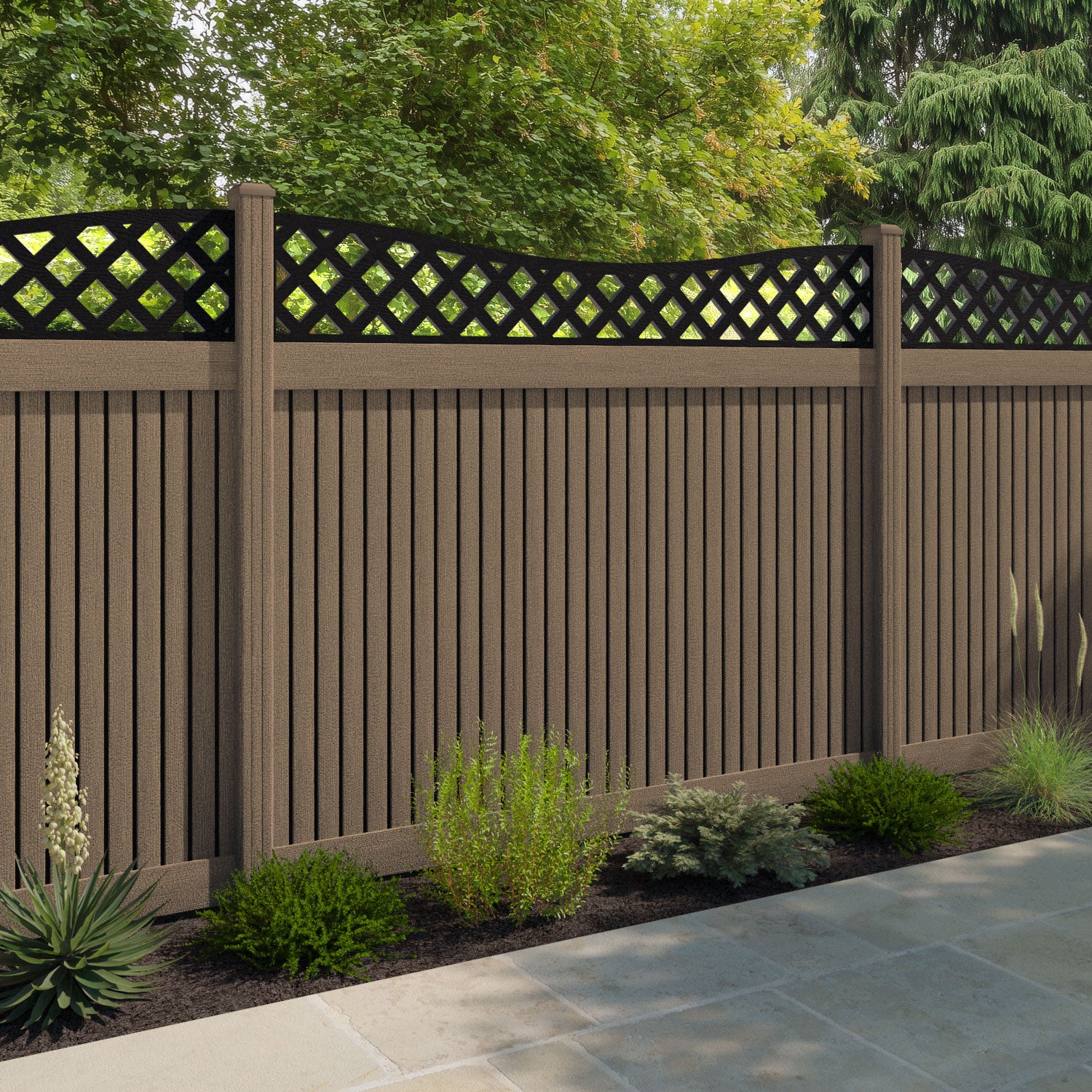 Virtis Low Wave Fence Panel - Teak - with our composite posts