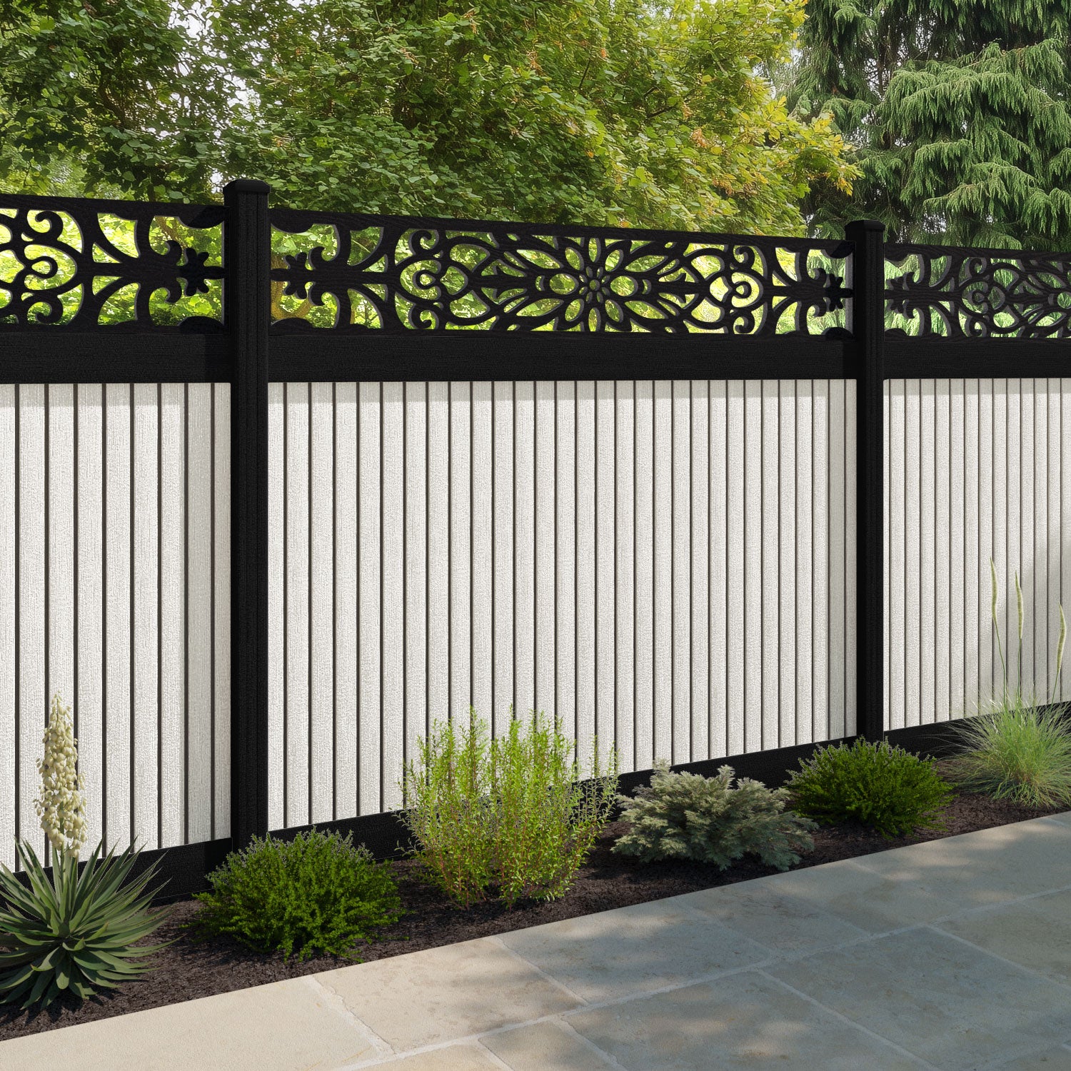 Virtis Windsor Fence Panel - Light Stone - with our aluminium posts