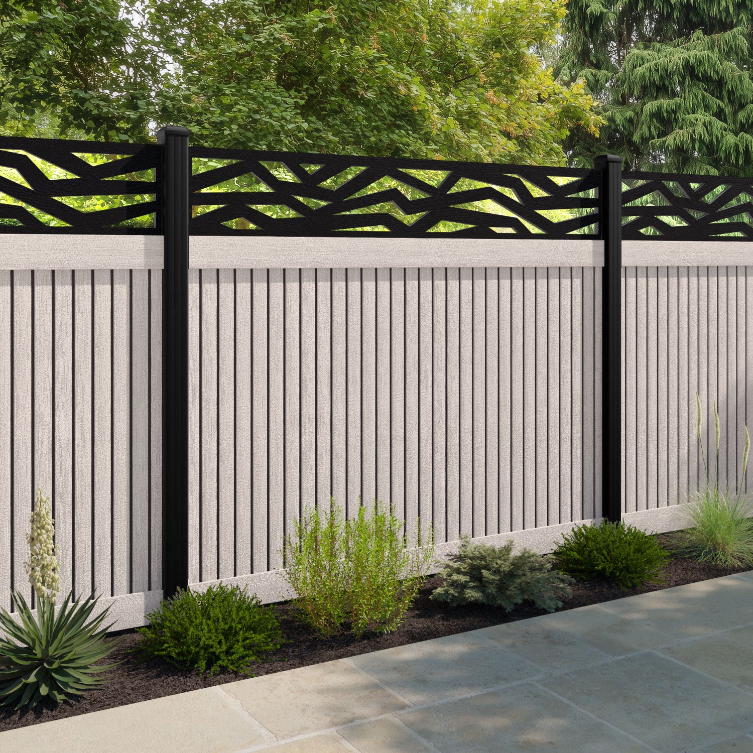 Virtis Zenith Fence Panel - Mid Stone - with our aluminium posts