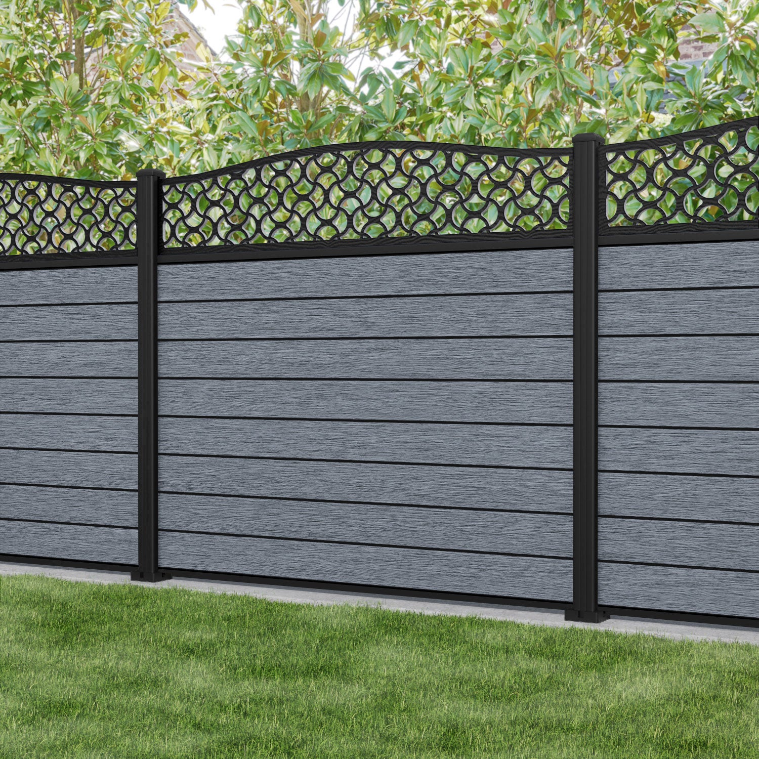Fusion Vida Curved Top Fence Panel - Anthracite - with our aluminium posts