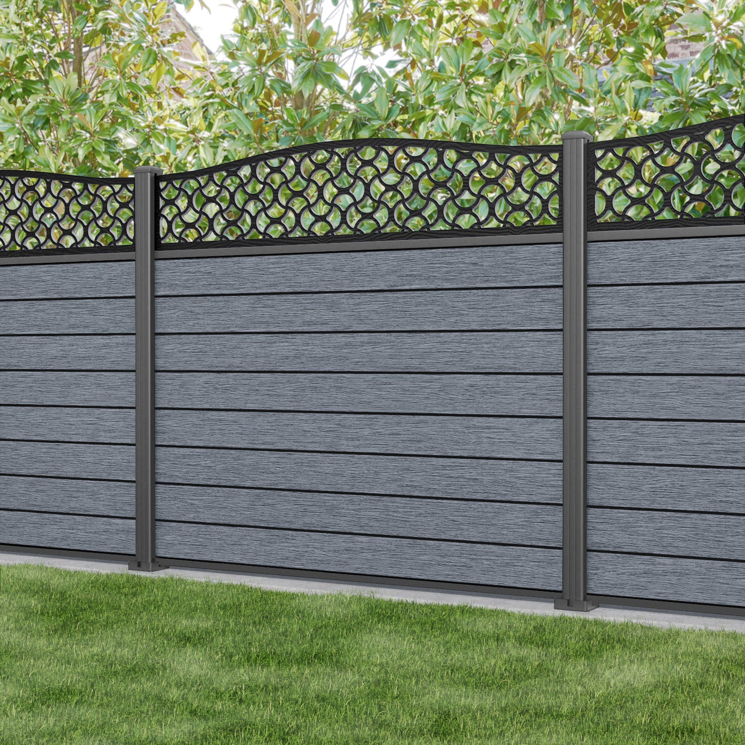 Fusion Vida Curved Top Fence Panel - Anthracite - with our aluminium posts