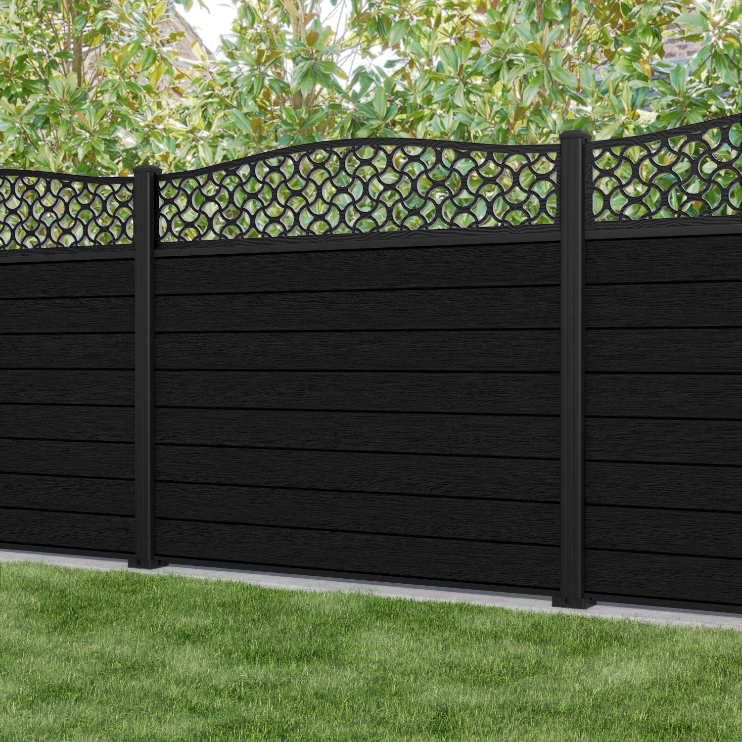 Fusion Vida Curved Top Fence Panel - Black - with our aluminium posts
