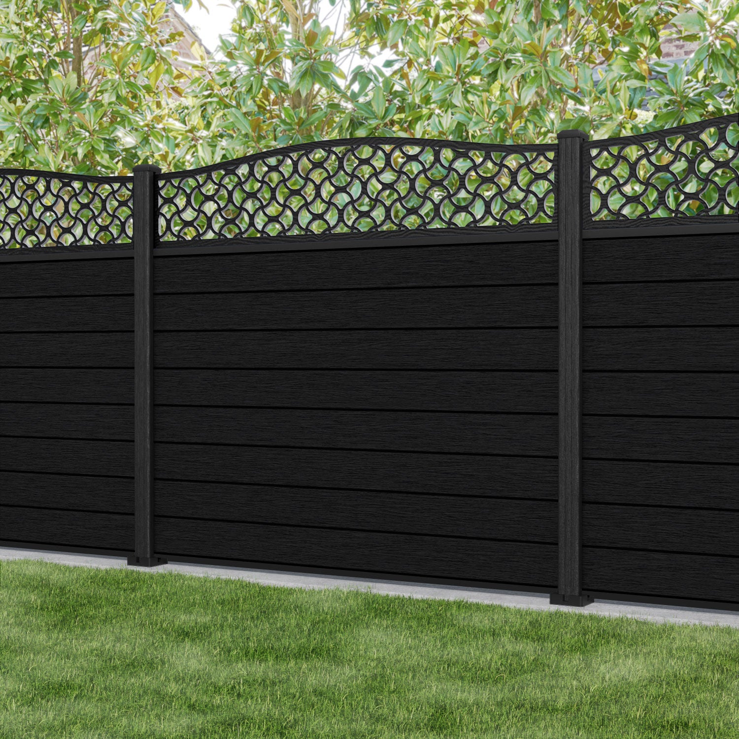 Fusion Vida Curved Top Fence Panel - Black - with our composite posts
