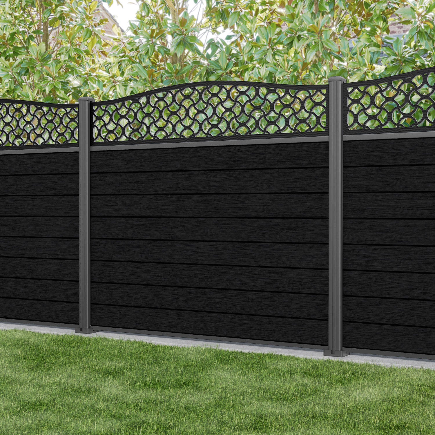 Fusion Vida Curved Top Fence Panel - Black - with our aluminium posts