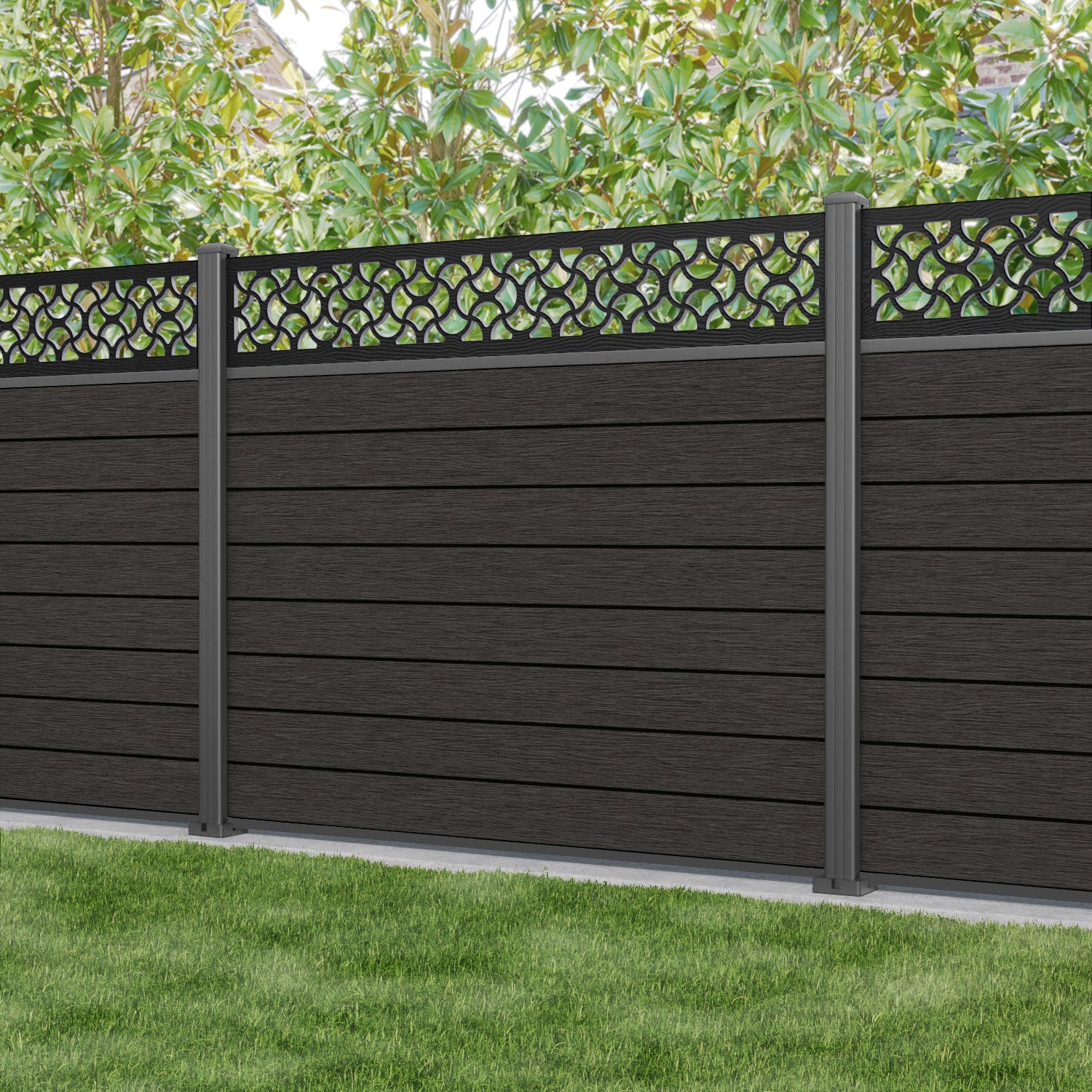 Fusion Vida Fence Panel - Dark Oak - with our aluminium posts