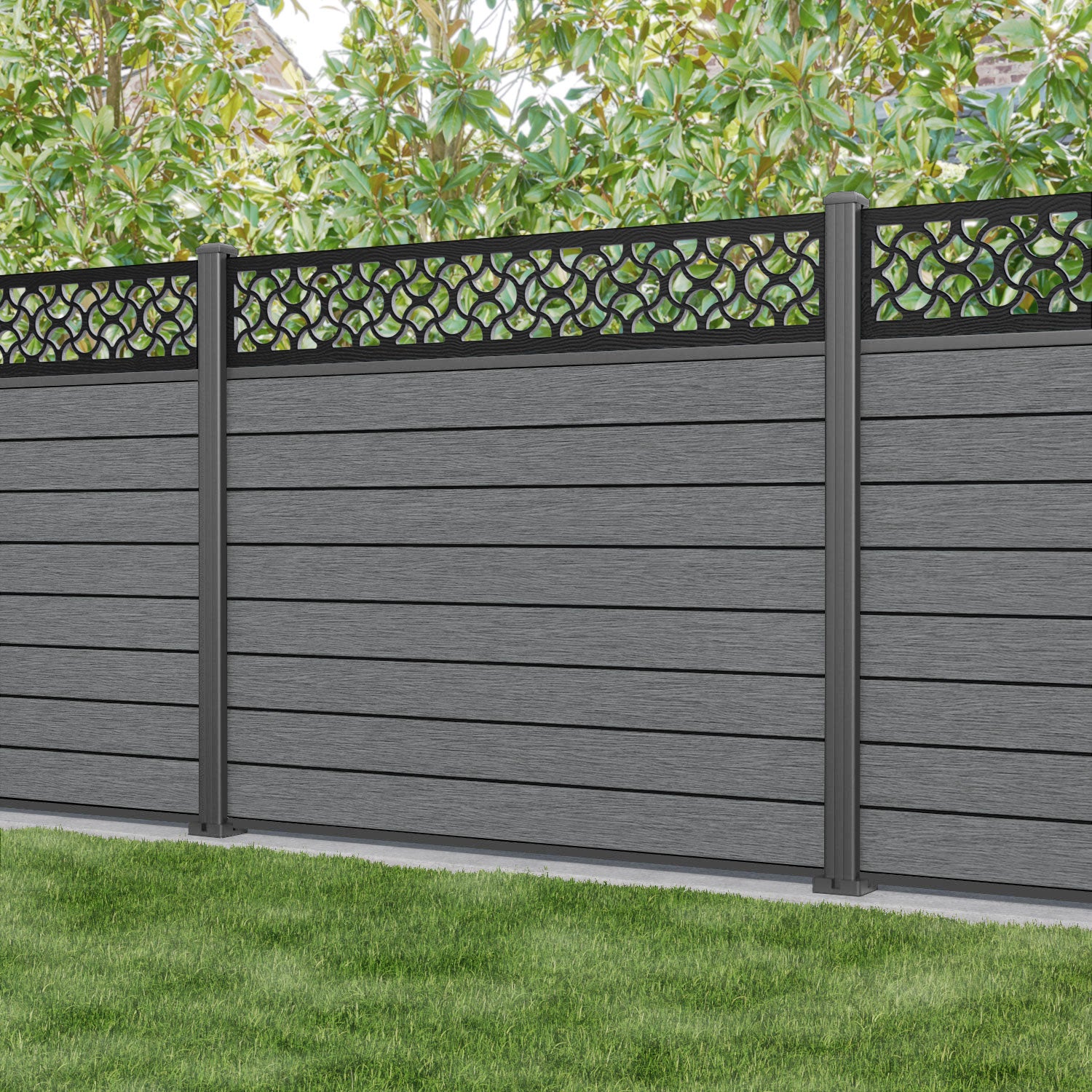 Fusion Vida Fence Panel - Mid Grey - with our aluminium posts