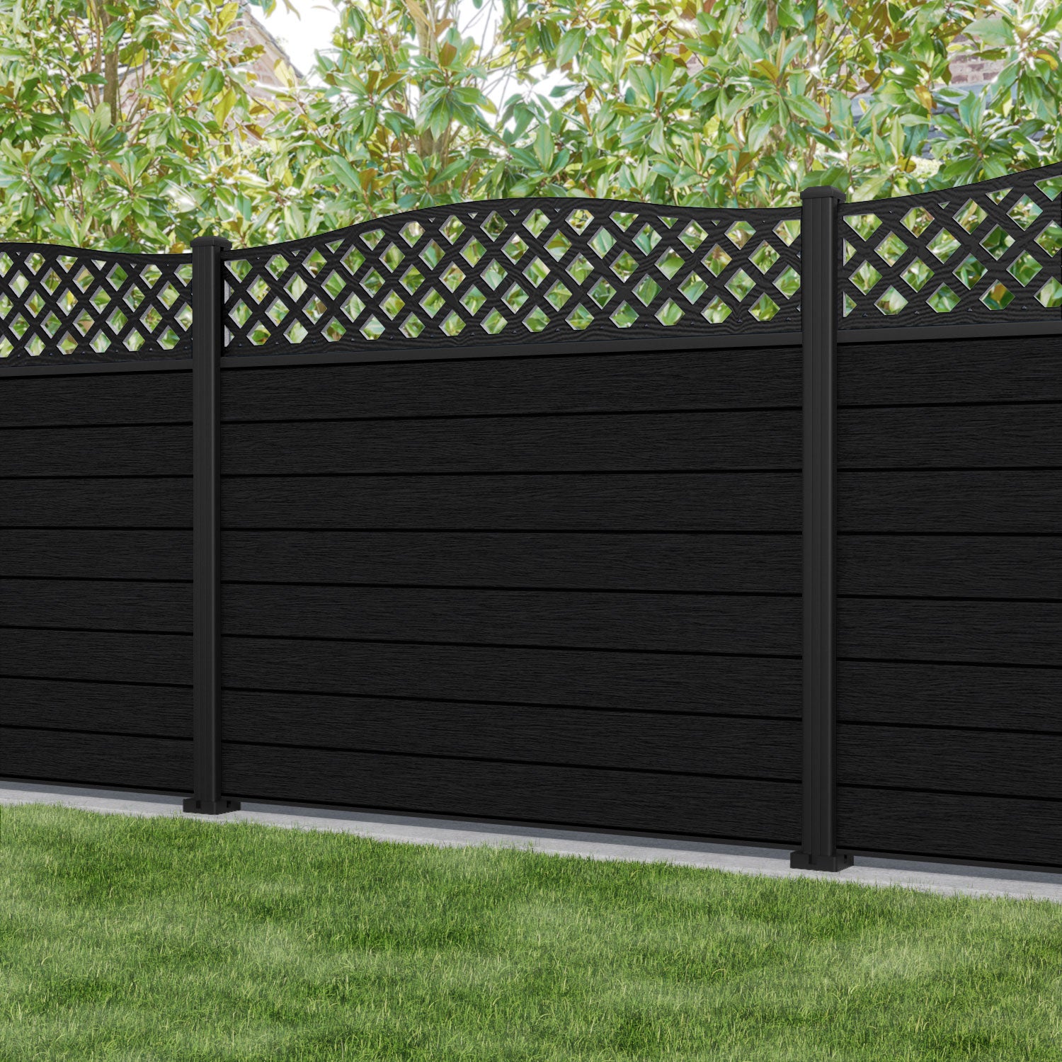 Fusion High Wave Fence Panel - Black - with our aluminium posts