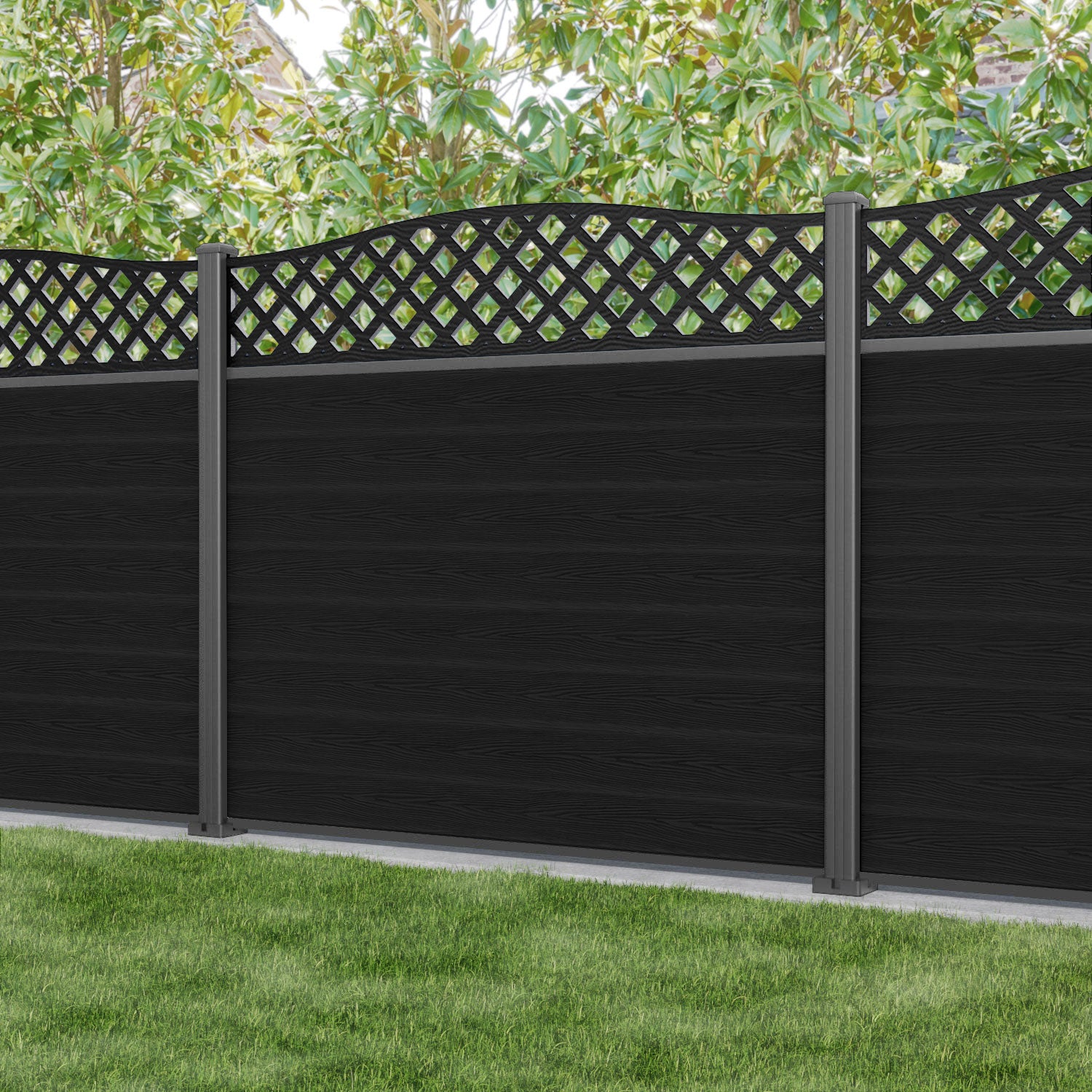 Classic High Wave Fence Panel - Black - with our aluminium posts