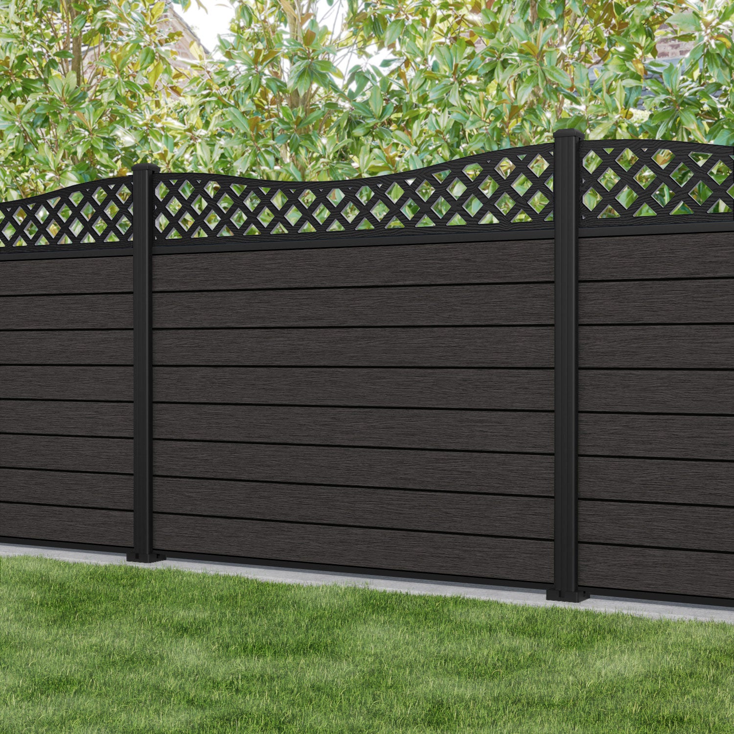 Fusion Low Wave Fence Panel - Dark Oak - with our aluminium posts