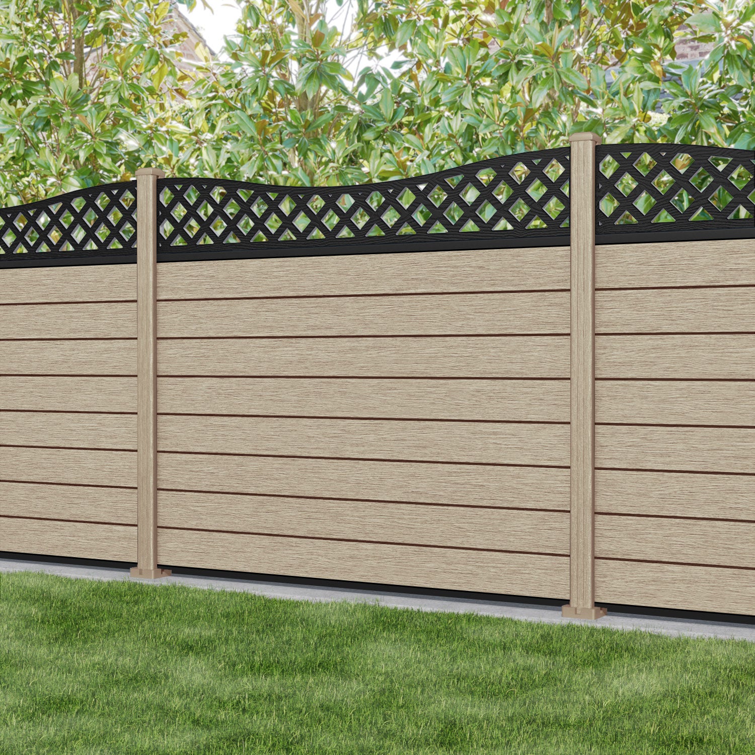Fusion Low Wave Fence Panel - Light Oak - with our composite posts