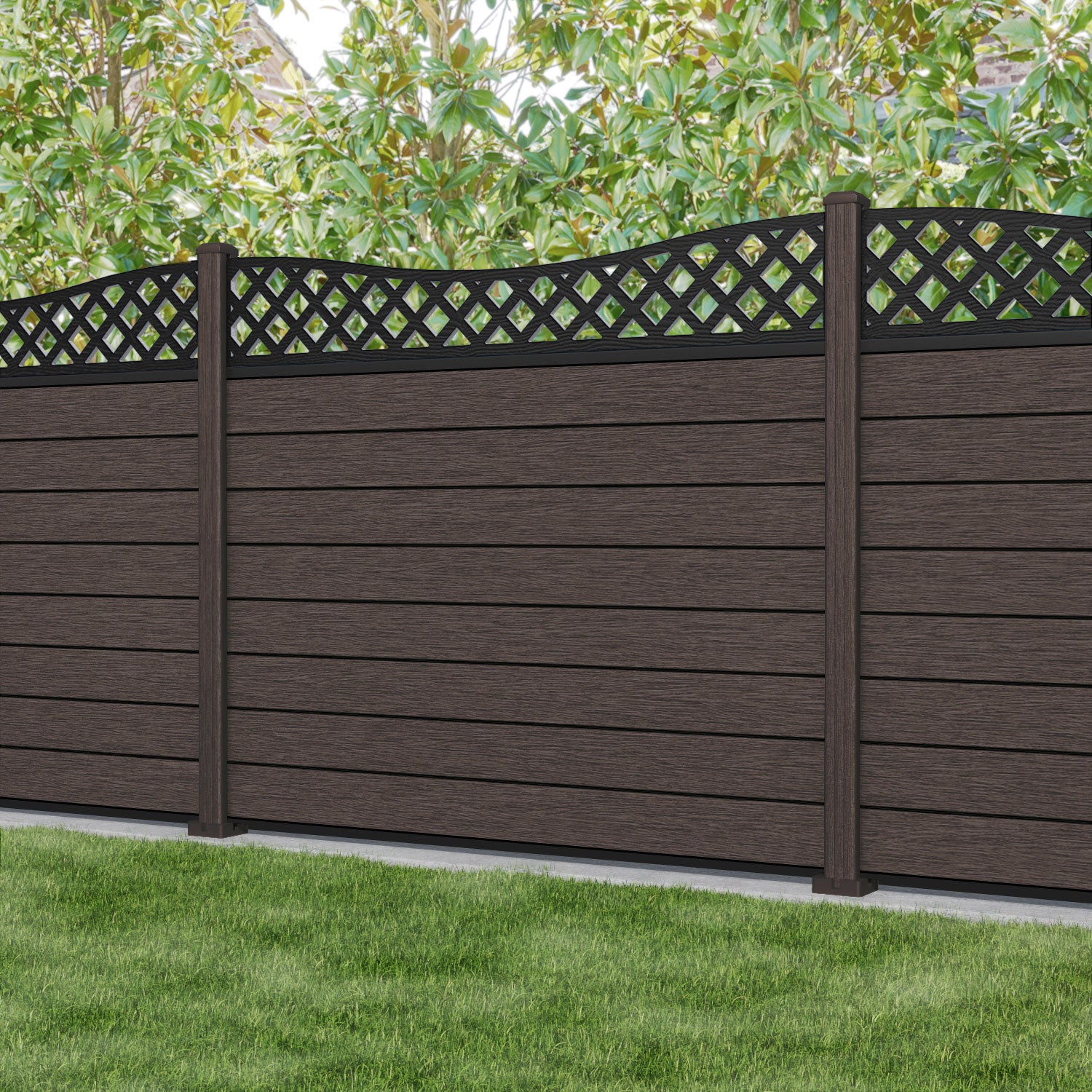 Fusion Low Wave Fence Panel - Mid Brown - with our composite posts