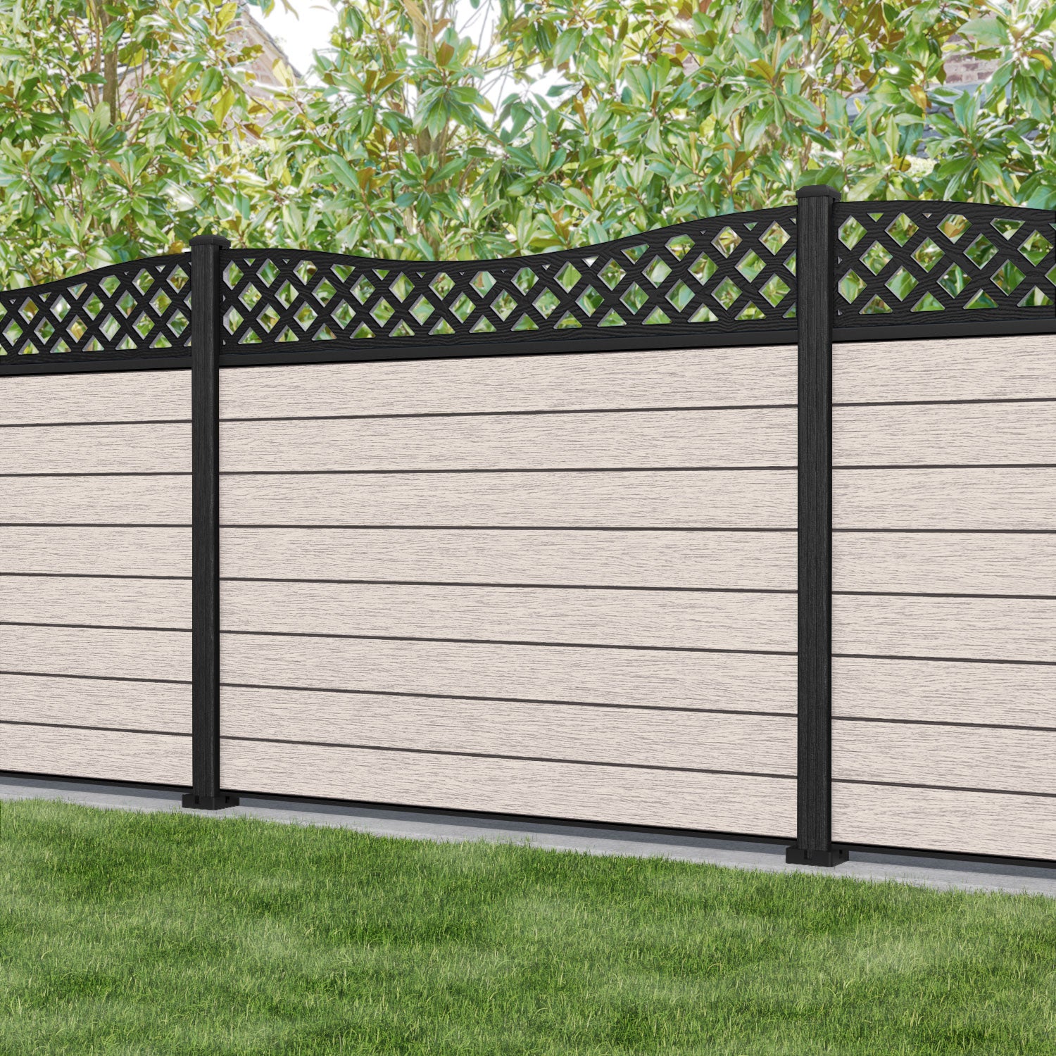 Fusion Low Wave Curved Top Fence Panel - Mid Stone - with our composite posts