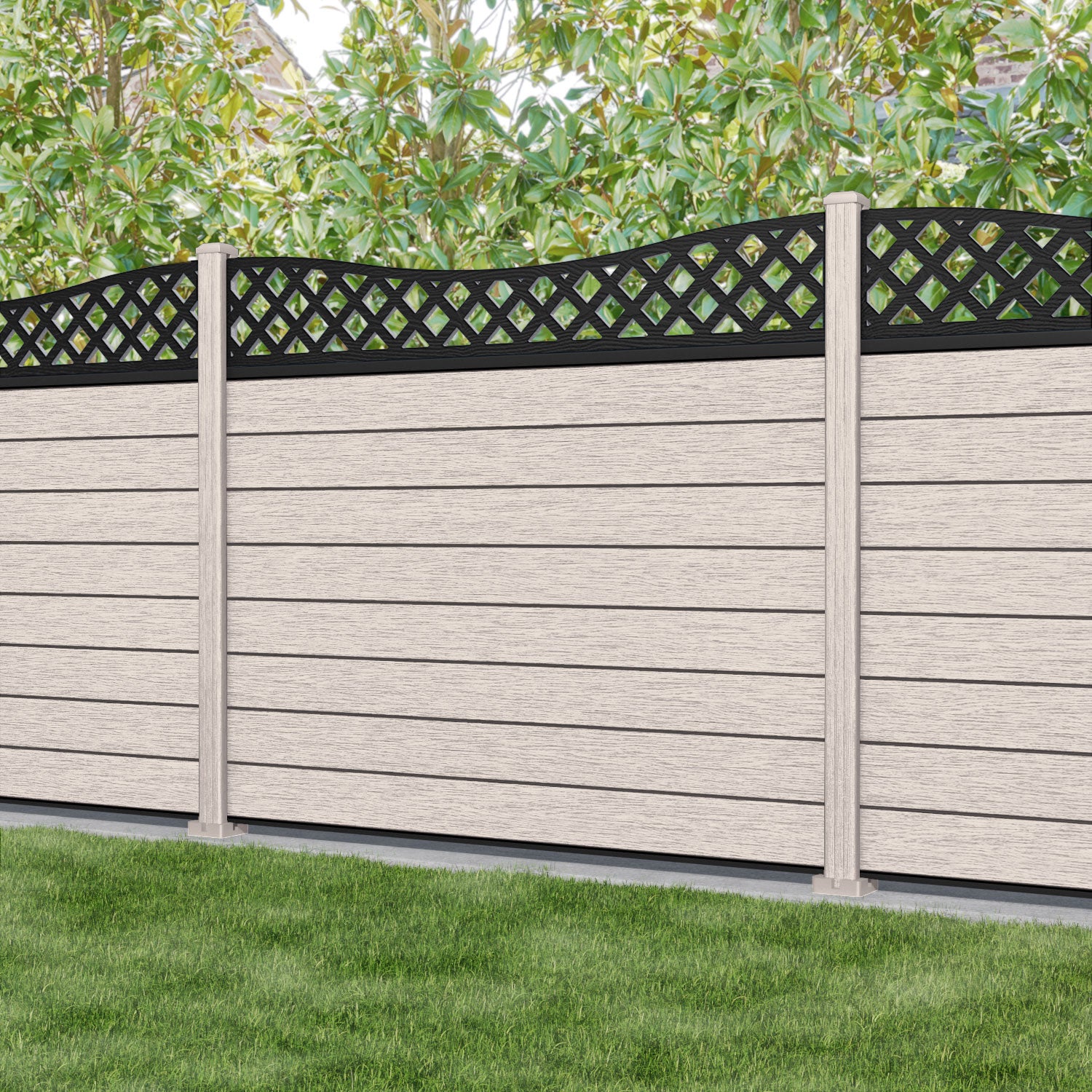 Fusion Low Wave Curved Top Fence Panel - Mid Stone - with our composite posts