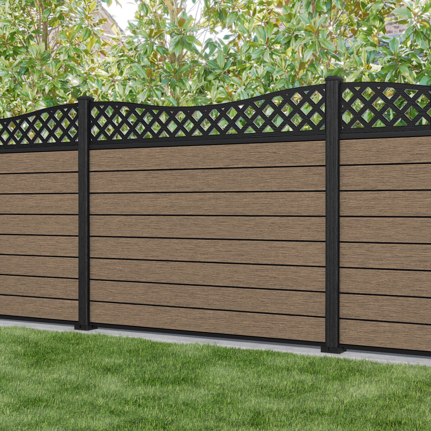 Fusion Low Wave Fence Panel - Teak - with our composite posts