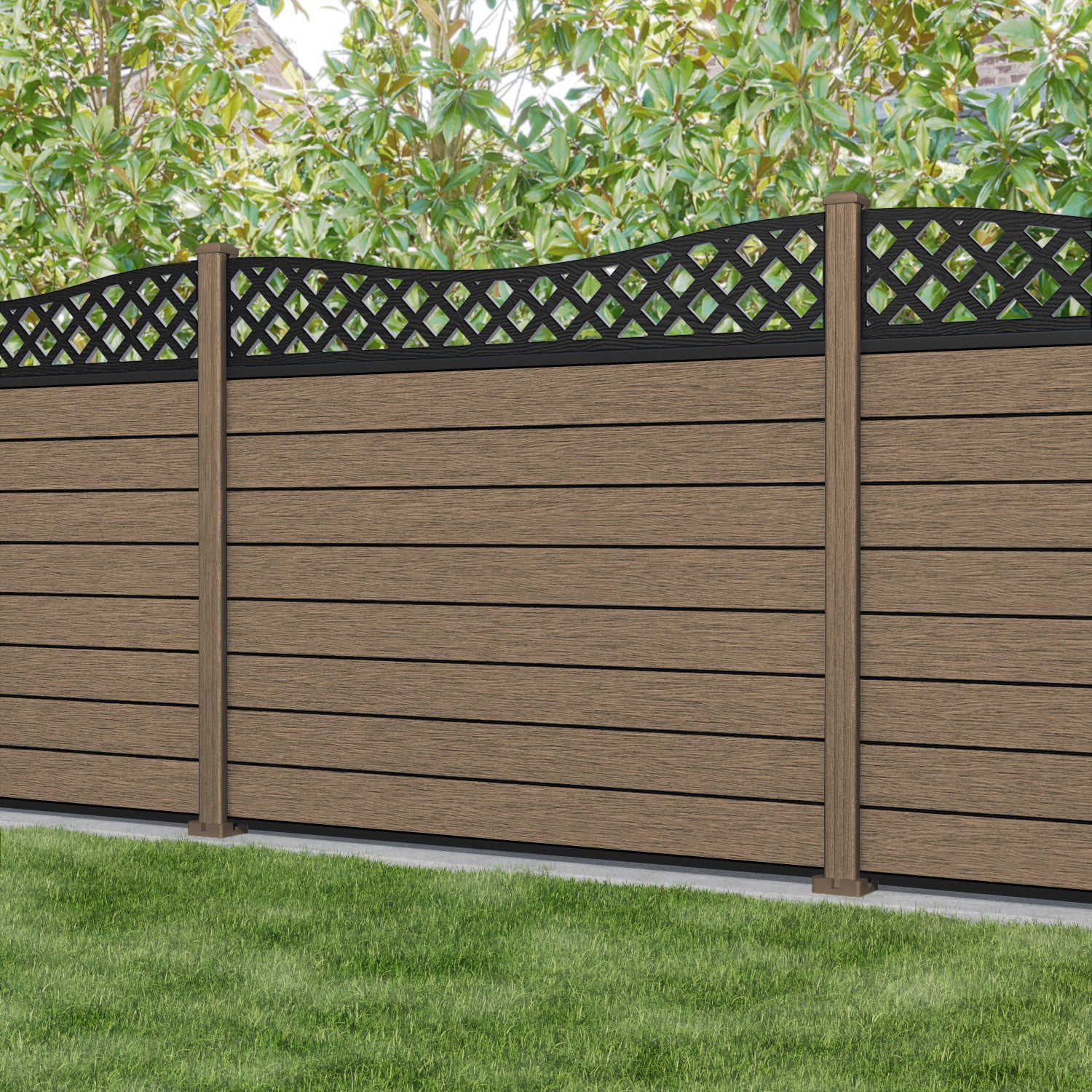 Fusion Low Wave Fence Panel - Teak - with our composite posts