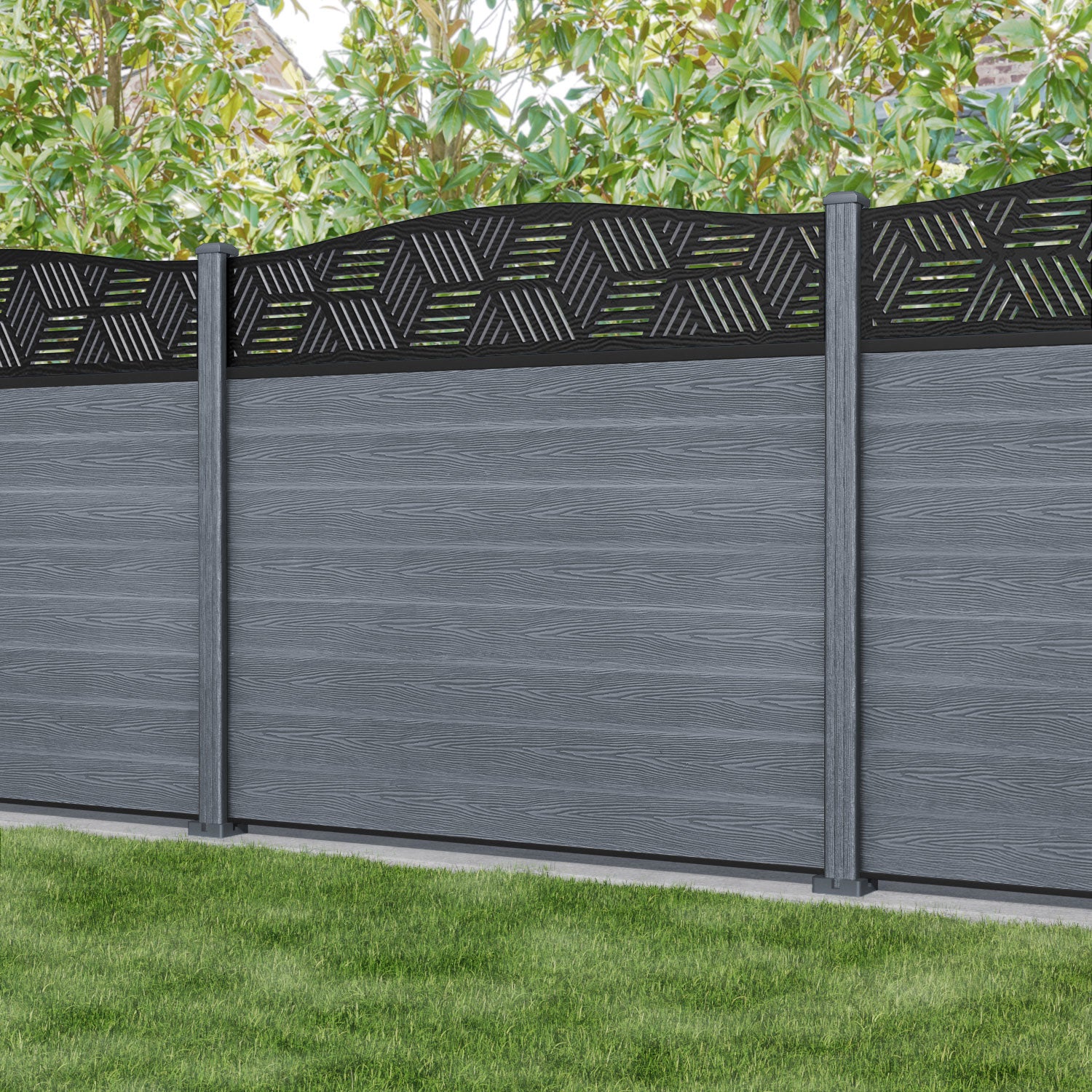 Classic Cubed Curved Top Fence Panel - Anthracite - with our composite posts