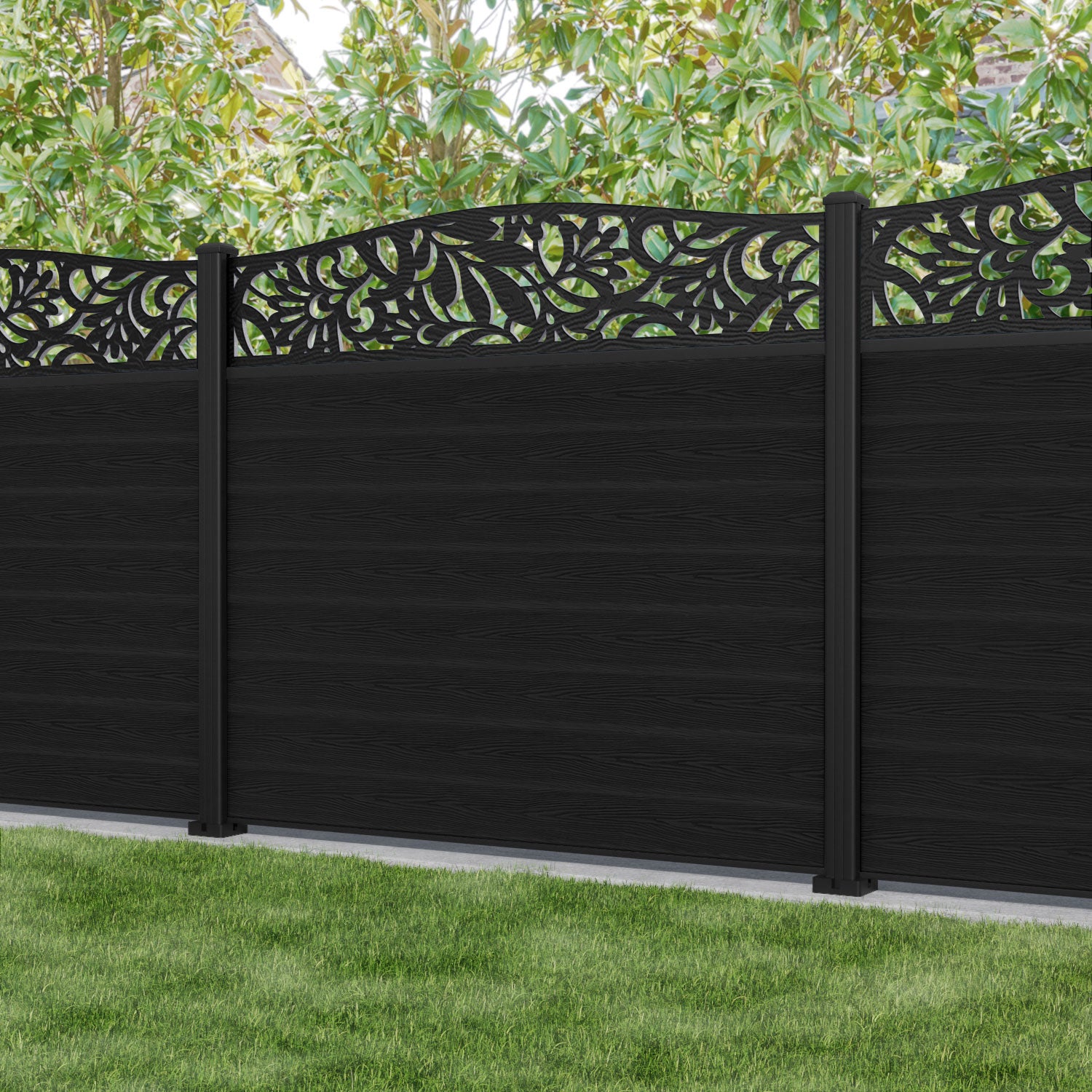 Classic Heritage Curved Top Fence Panel - Black - with our aluminium posts