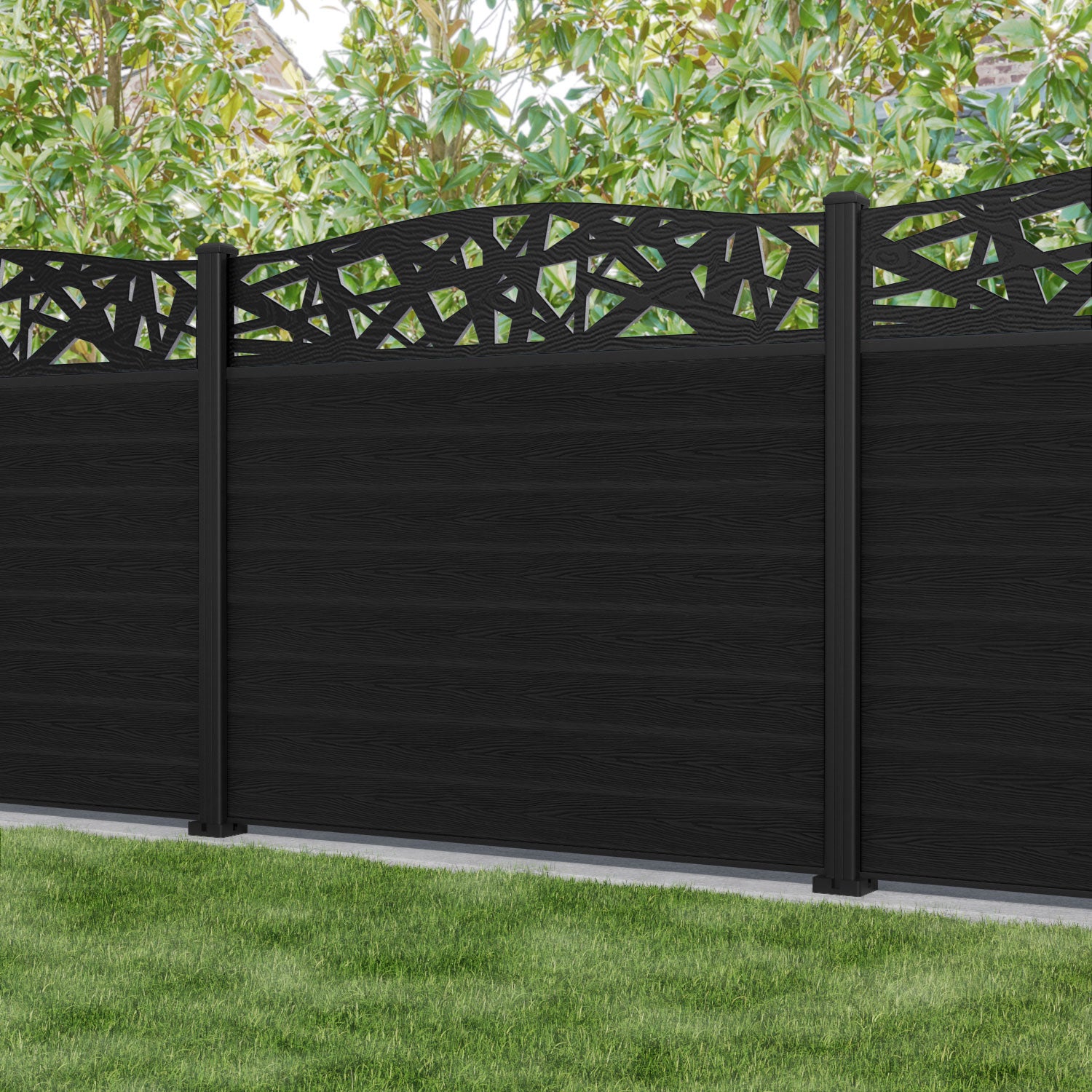 Classic Prism Curved Top Fence Panel - Black - with our aluminium posts