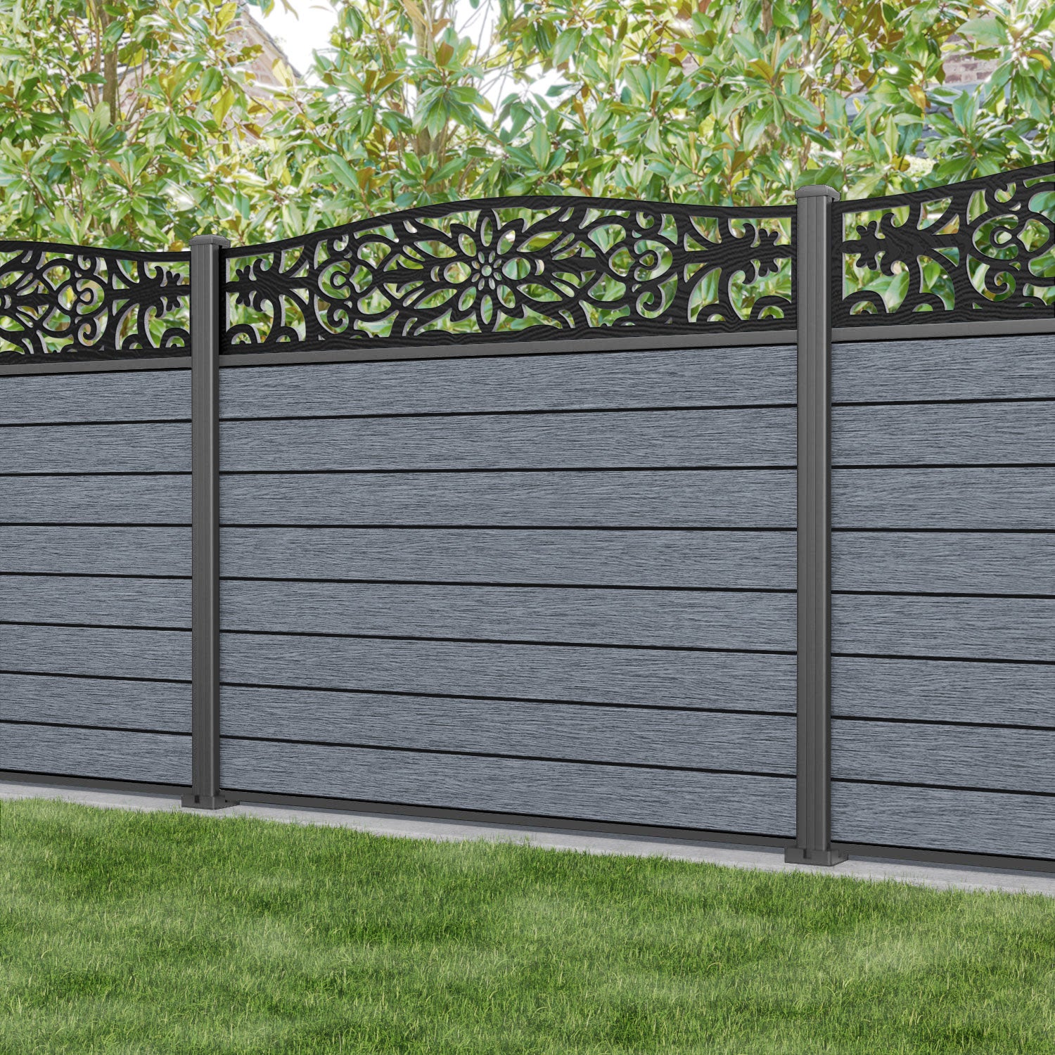 Fusion Windsor Curved Top Fence Panel - Anthracite - with our aluminium posts