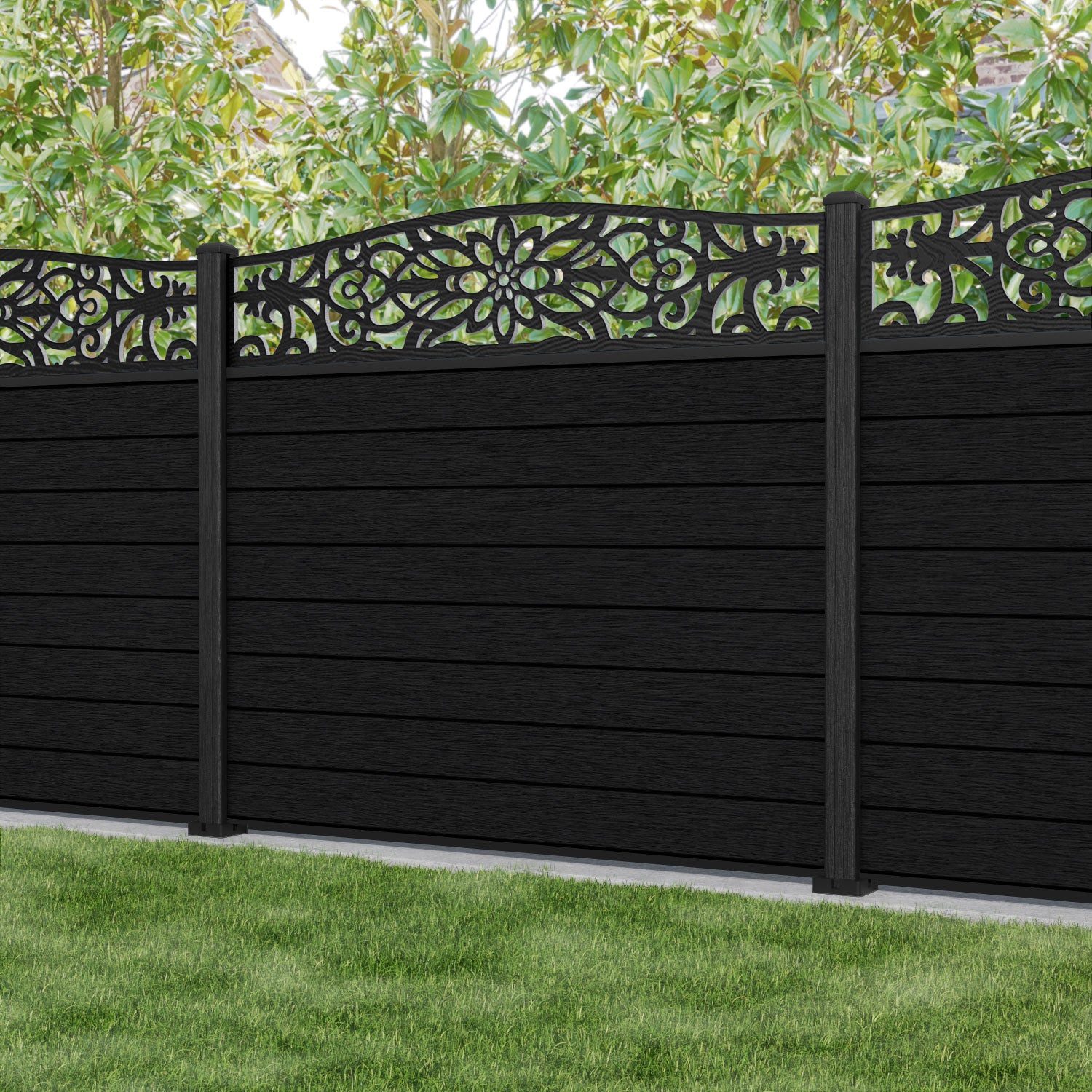 Fusion Windsor Curved Top Fence Panel - Black - with our composite posts