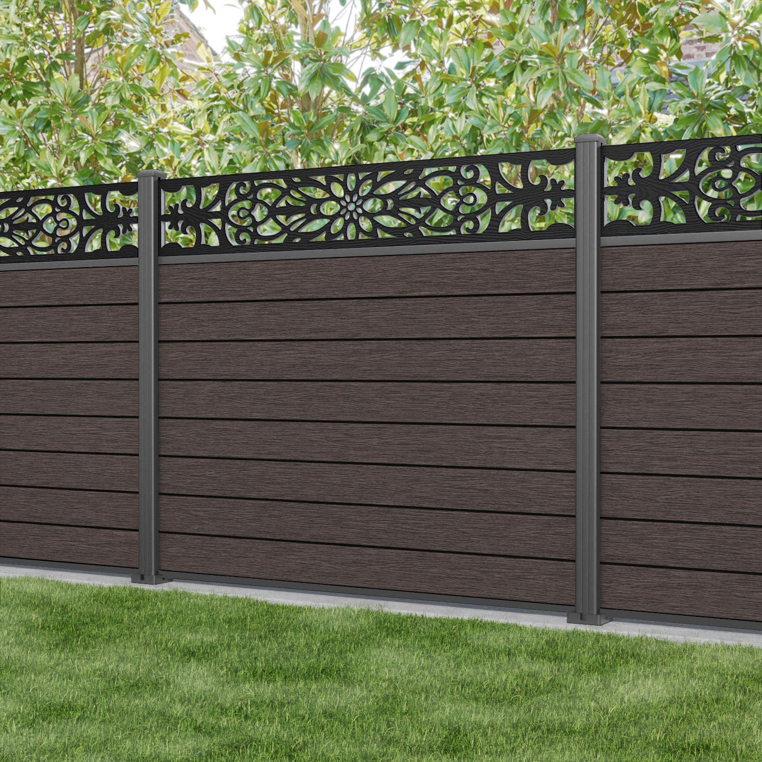 Fusion Windsor Fence Panel - Mid Brown - with our aluminium posts