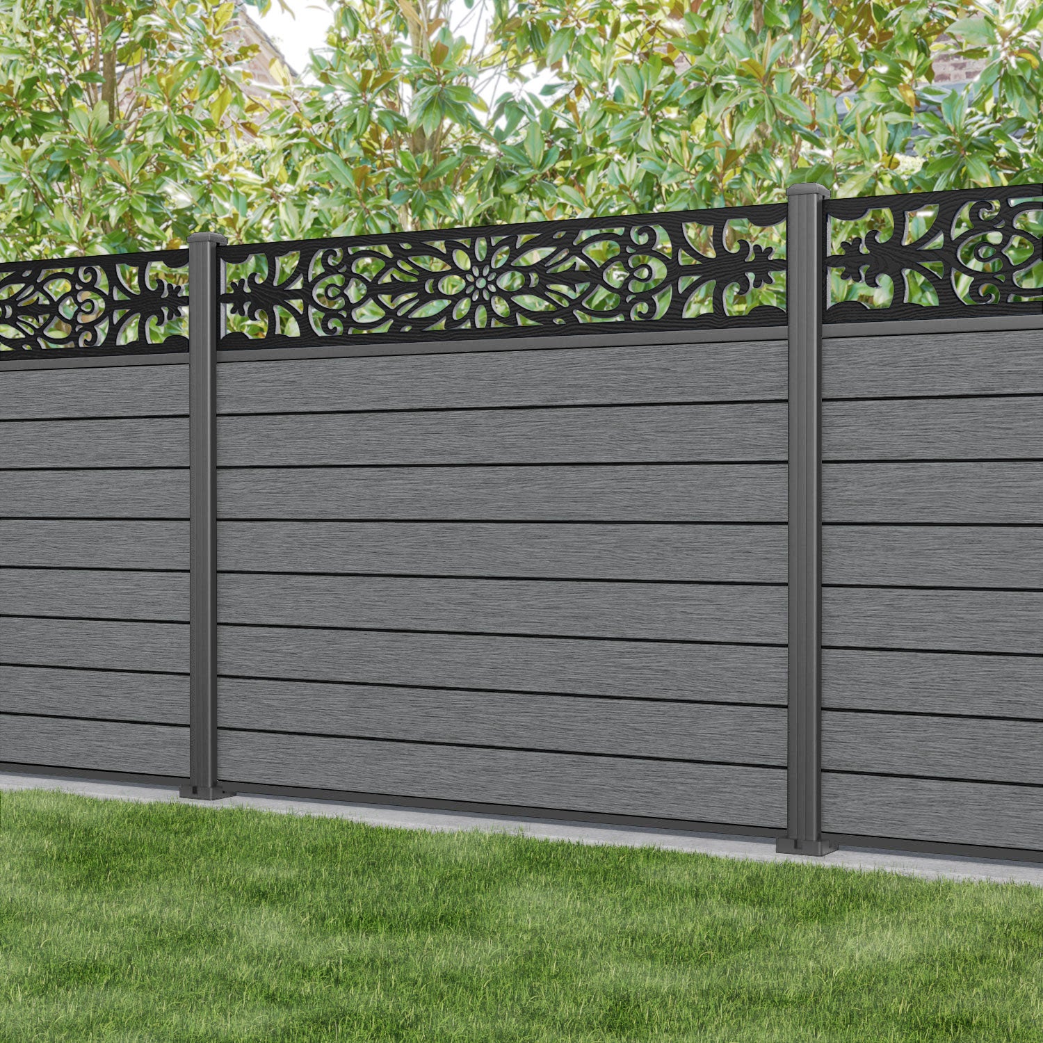 Fusion Windsor Fence Panel - Mid Grey - with our aluminium posts