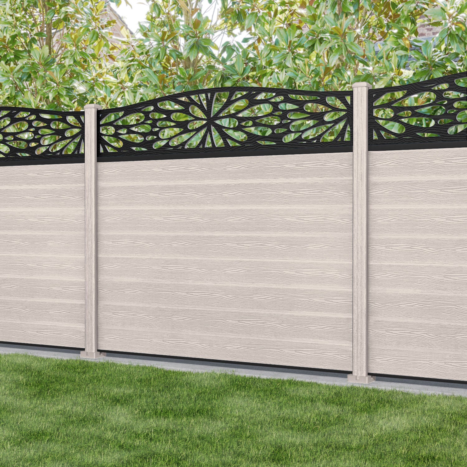 Classic Blossom Curved Top Fence Panel - Mid Stone - with our composite posts