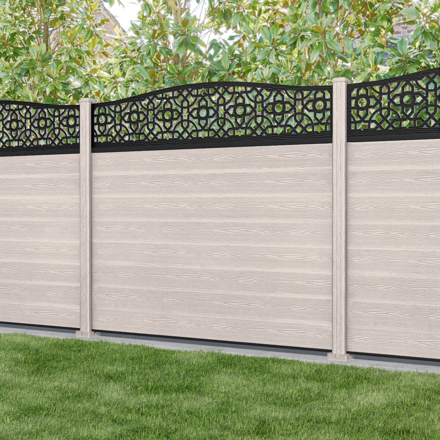 Classic Nabila Curved Top Fence Panel - Mid Stone - with our composite posts