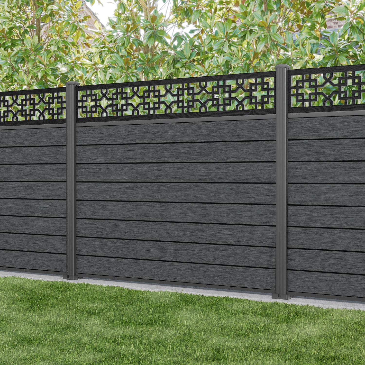 Fusion Zaria Fence Panel - Dark Grey - with our aluminium posts
