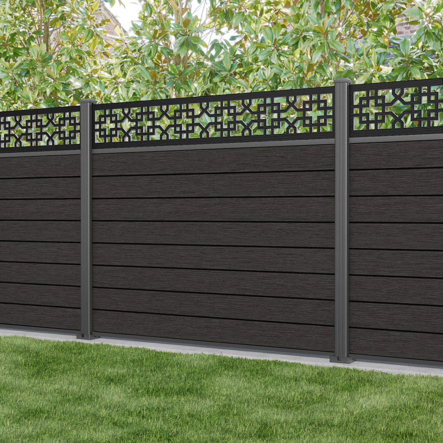 Fusion Zaria Fence Panel - Dark Oak - with our aluminium posts
