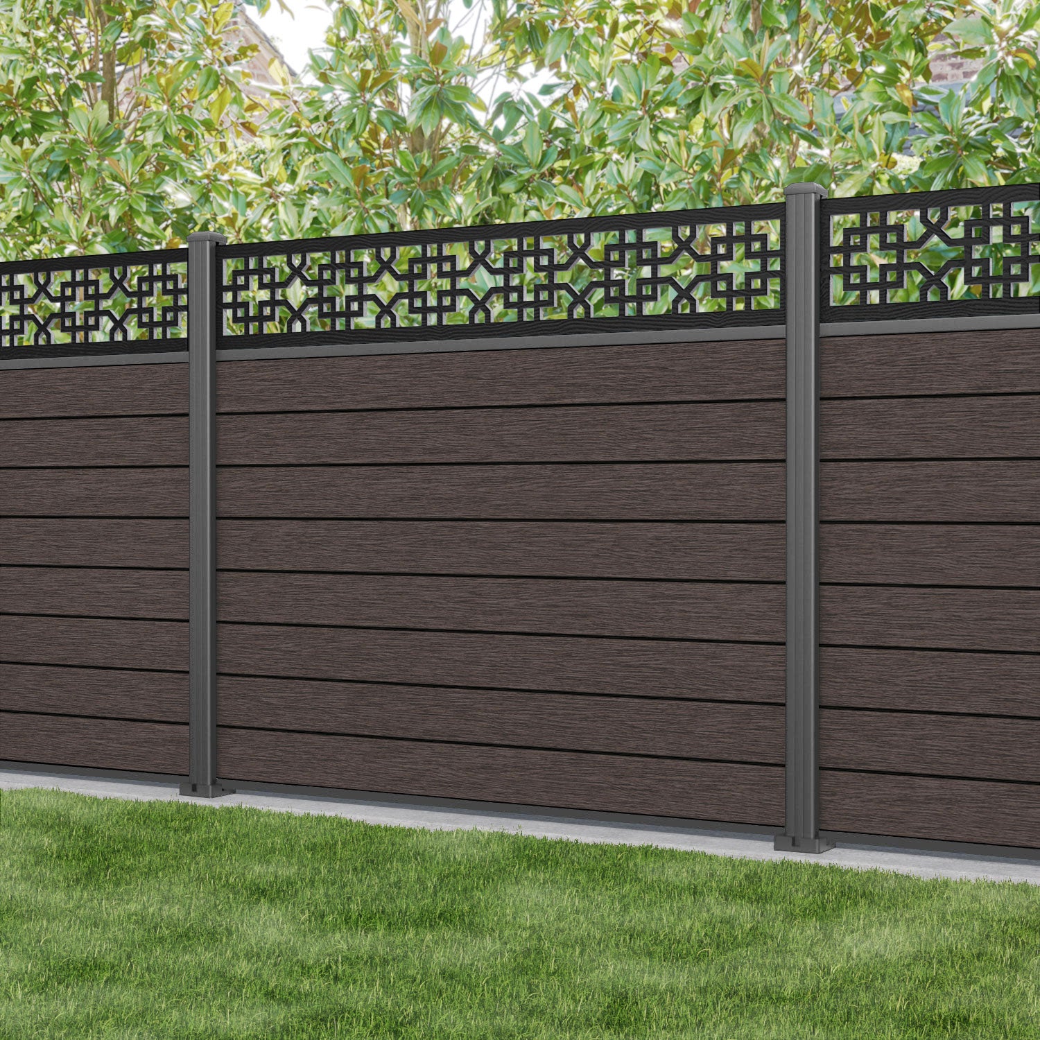 Fusion Zaria Fence Panel - Mid Brown - with our aluminium posts