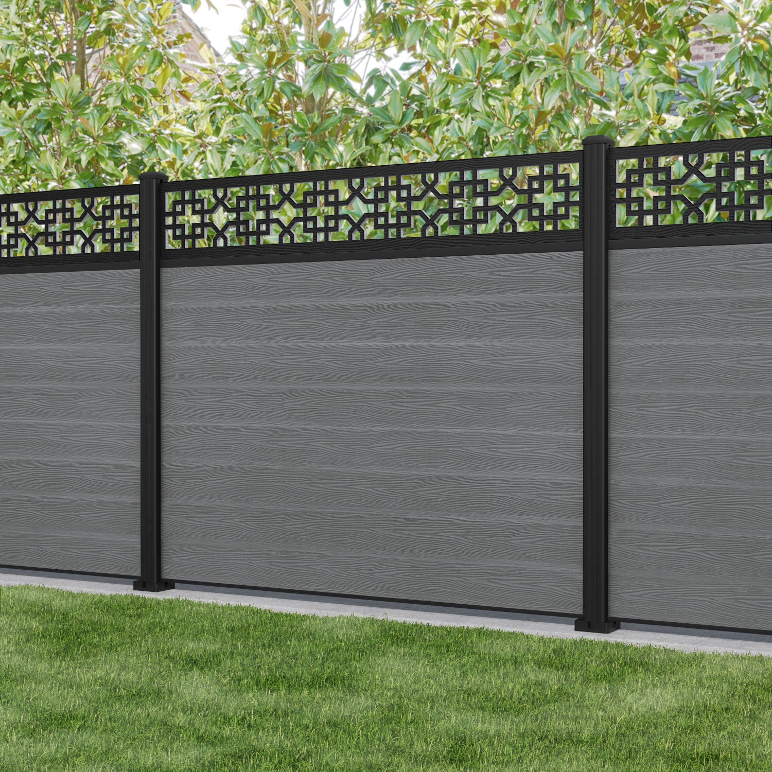 Classic Zaria Fence Panel - Mid Grey - with our aluminium posts
