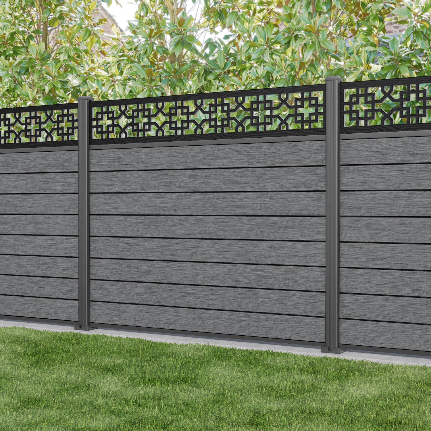 Fusion Zaria Fence Panel - Mid Grey - with our aluminium posts