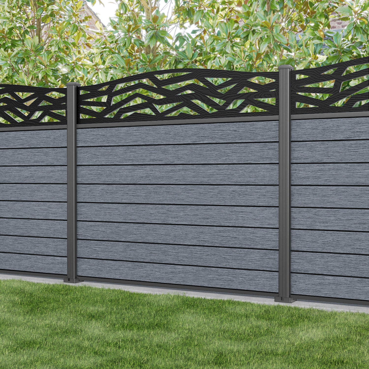 Fusion Zenith Curved Top Fence Panel - Anthracite - with our aluminium posts