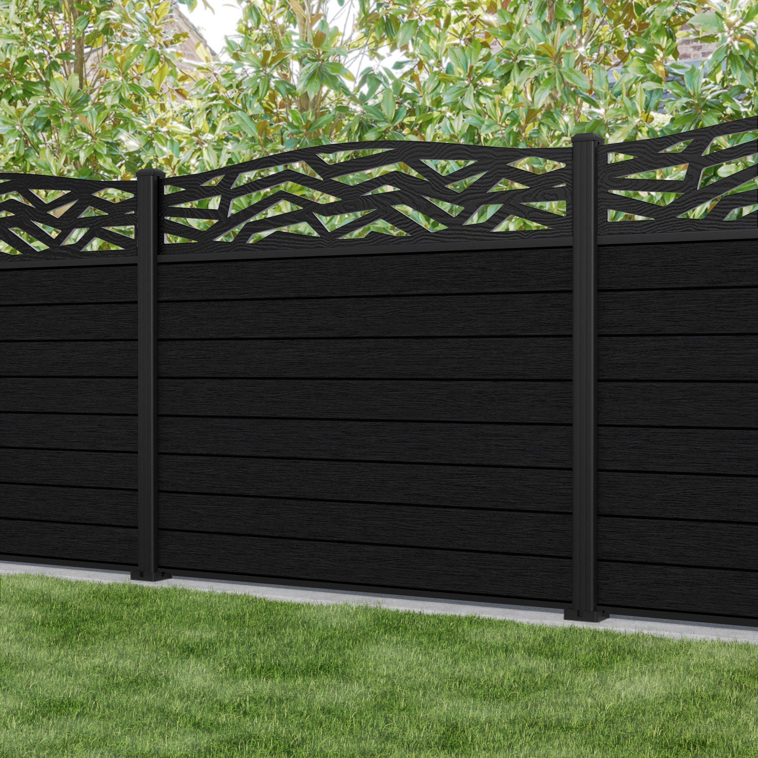 Fusion Zenith Curved Top Fence Panel - Black - with our aluminium posts
