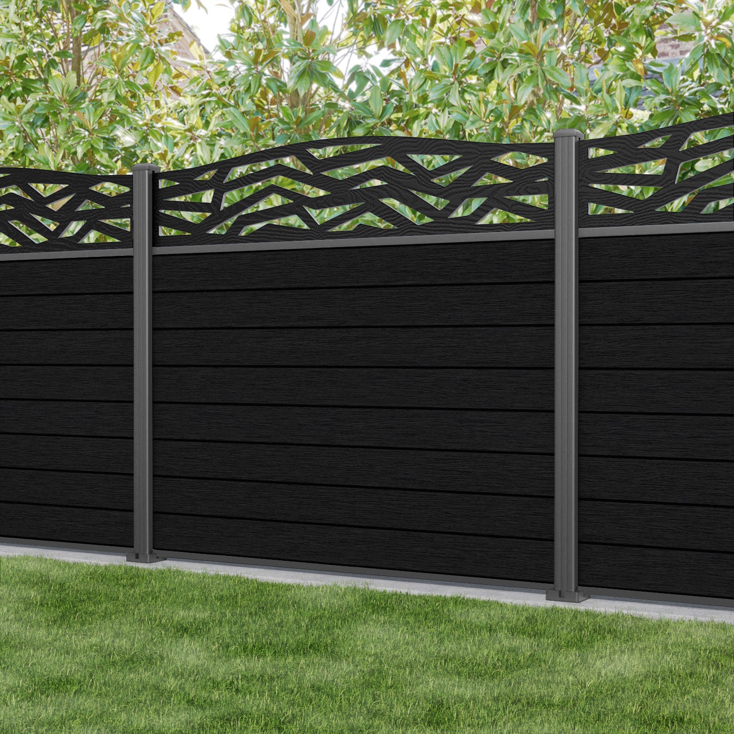 Fusion Zenith Curved Top Fence Panel - Black - with our aluminium posts