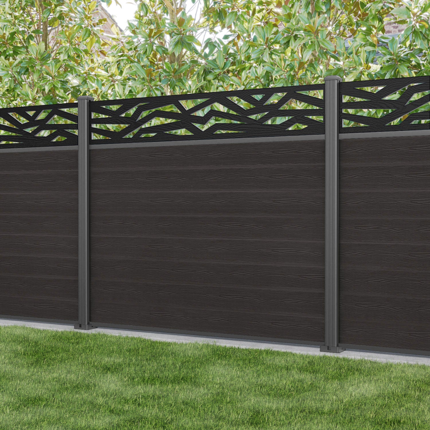 Classic Zenith Fence Panel - Dark Oak - with our aluminium posts