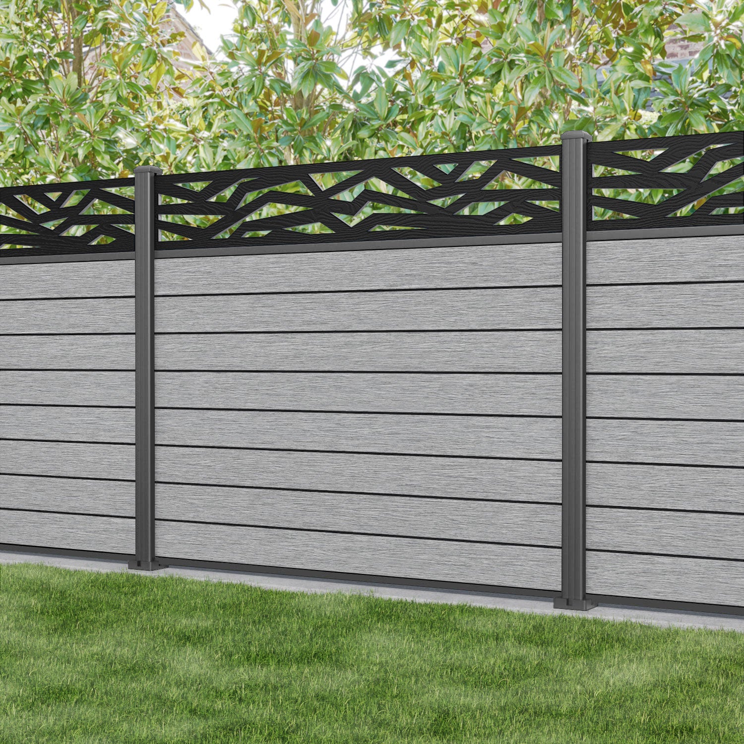 Fusion Zenith Fence Panel - Light Grey - with our aluminium posts