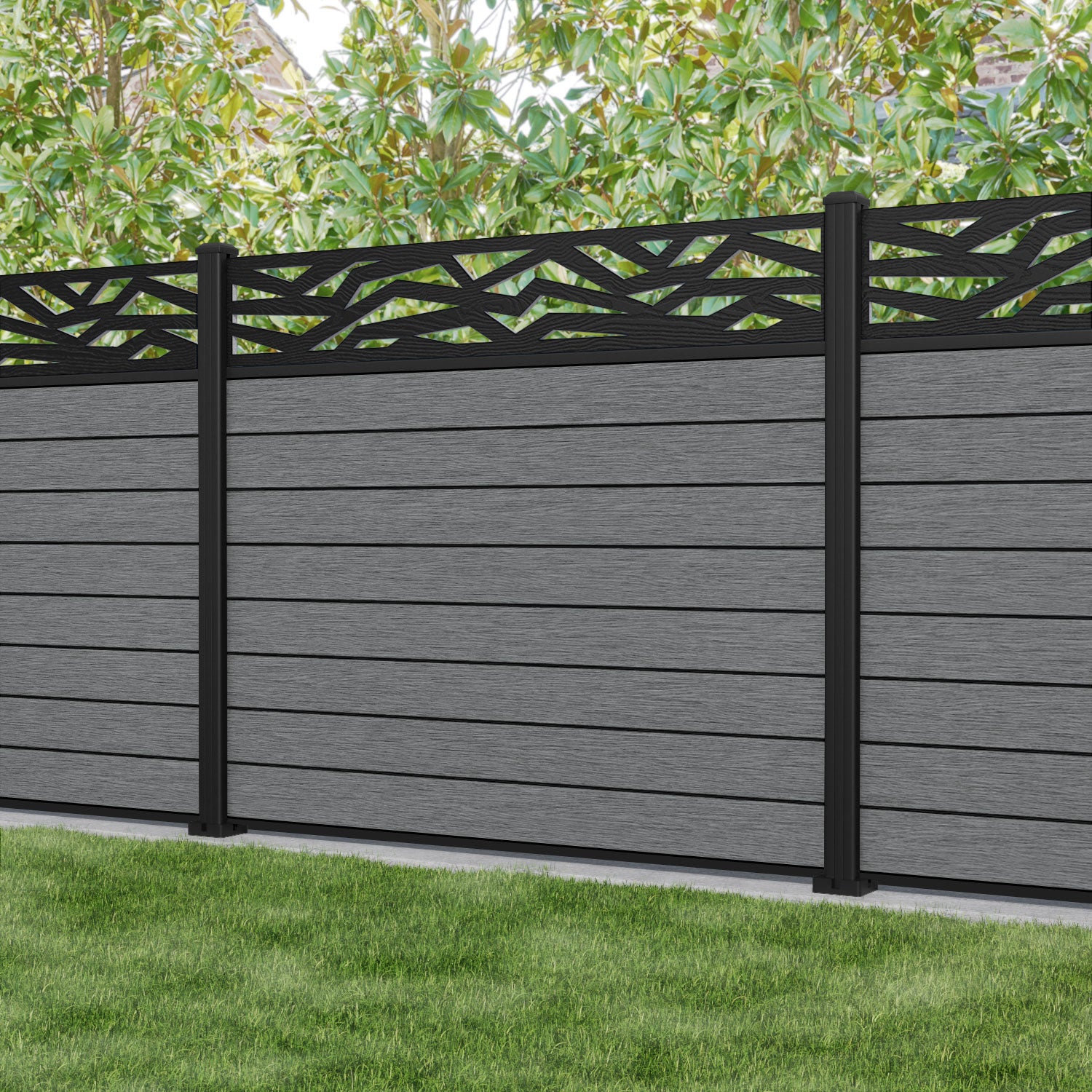 Fusion Zenith Fence Panel - Mid Grey - with our aluminium posts