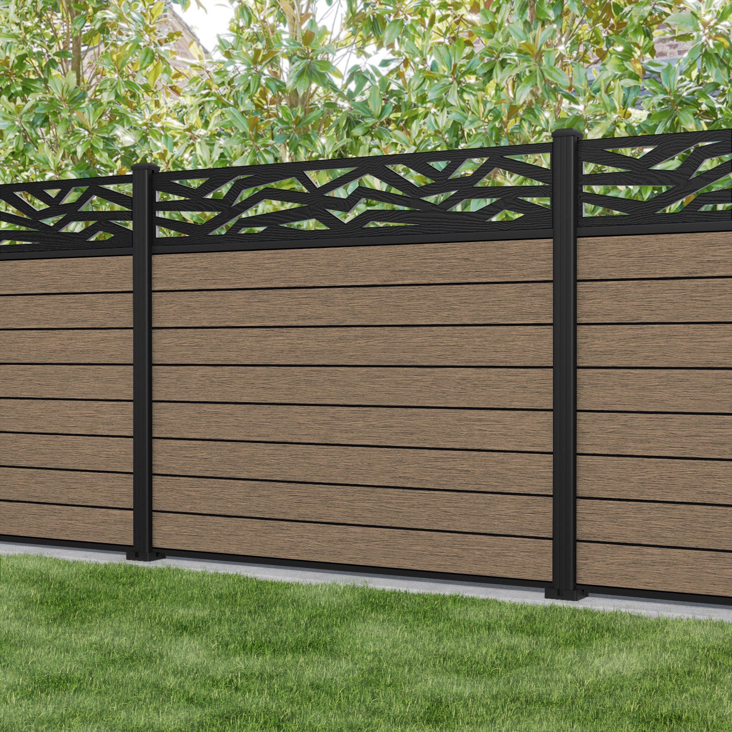 Fusion Zenith Fence Panel - Teak - with our aluminium posts