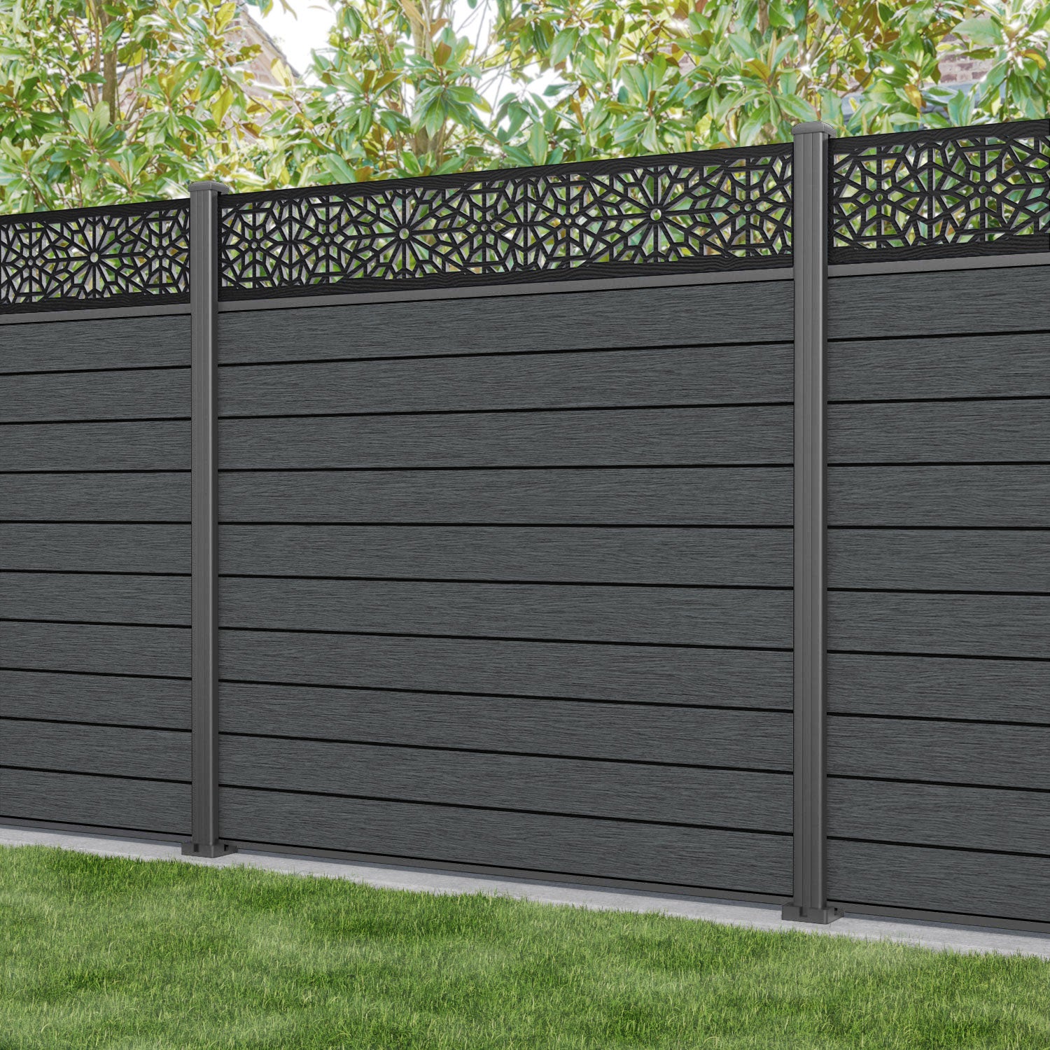 Fusion Alnara Fence Panel - Dark Grey - with our aluminium posts