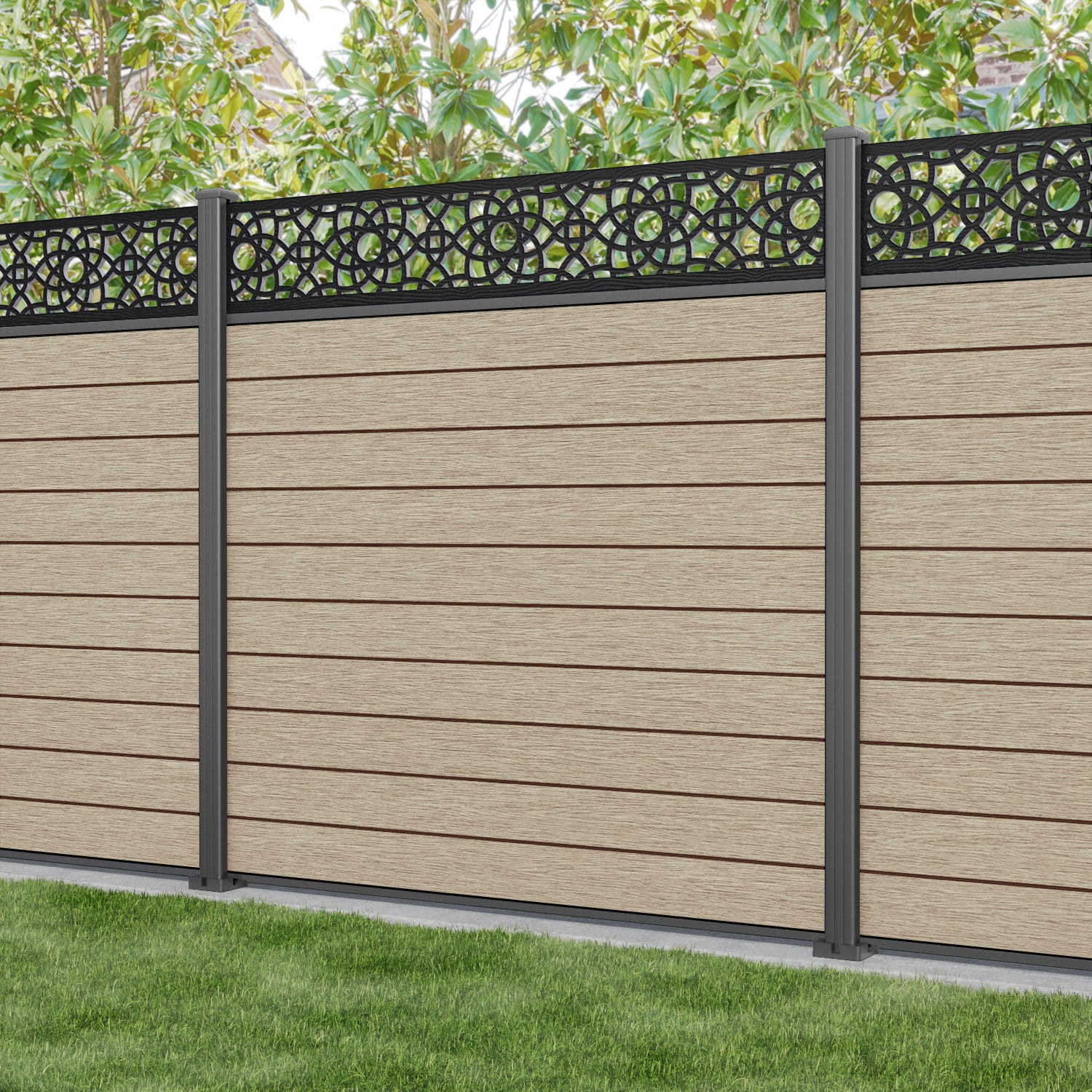 Fusion Ambar Fence Panel - Light Oak - with our aluminium posts