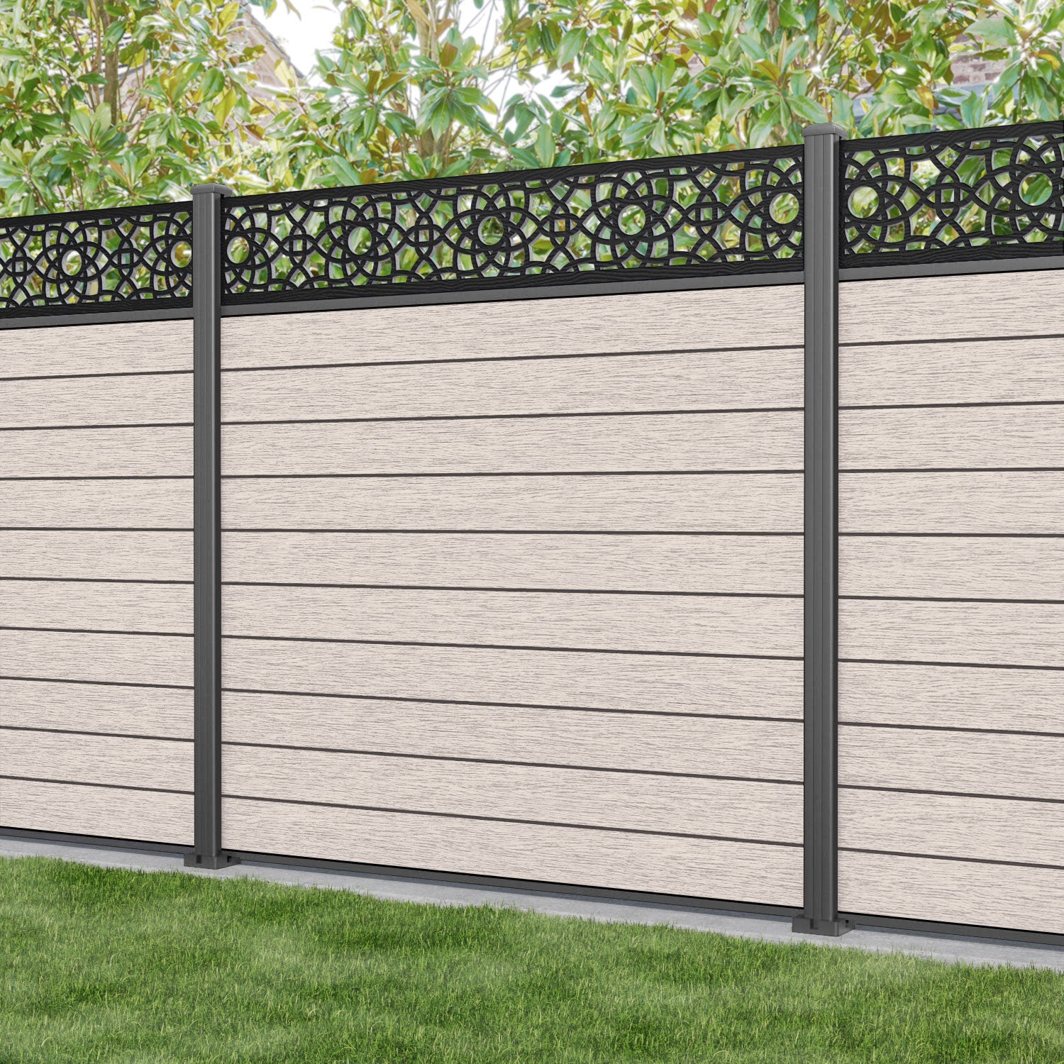 Fusion Ambar Fence Panel - Mid Stone - with our aluminium posts