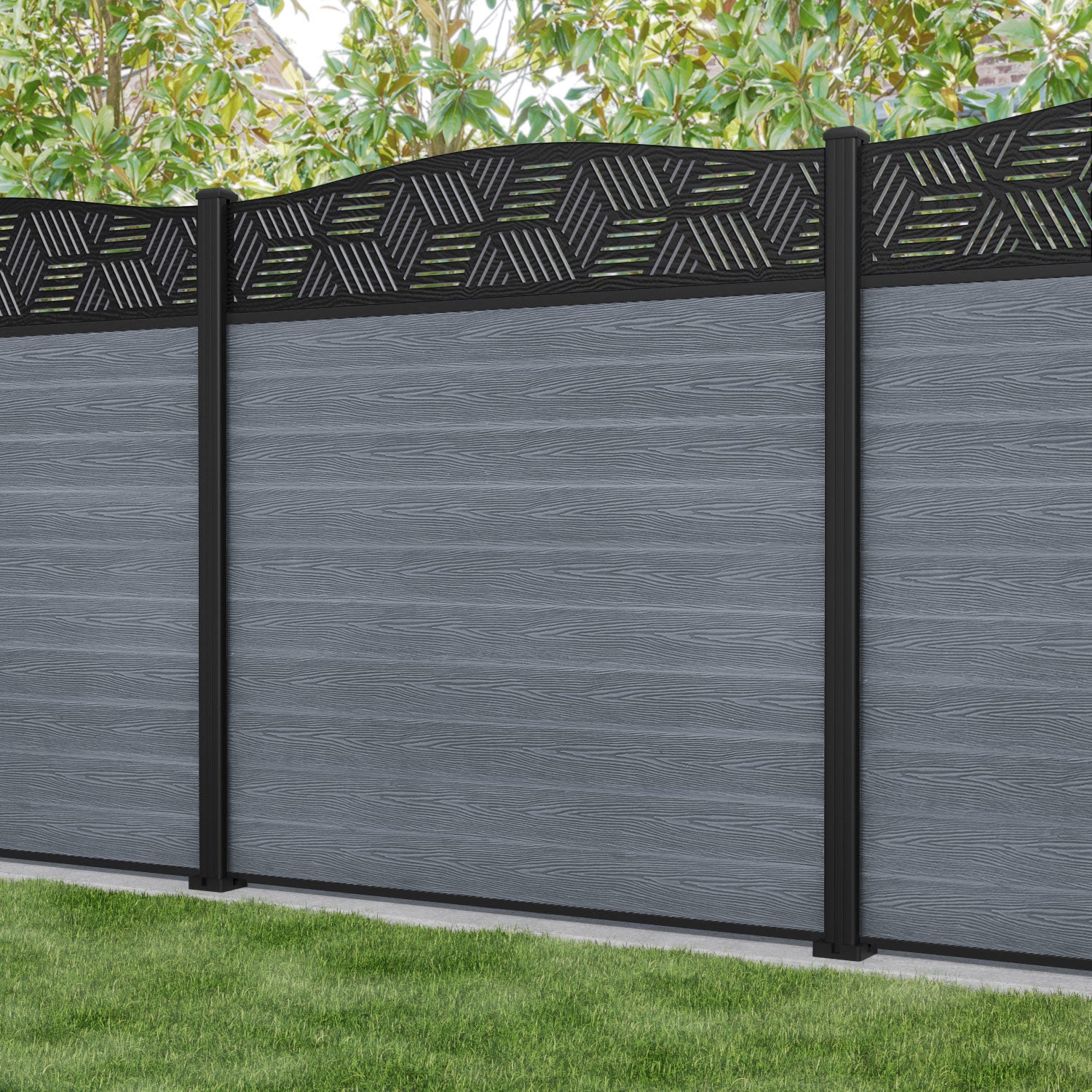 Classic Cubed Curved Top Fence Panel - Anthracite - with our aluminium posts