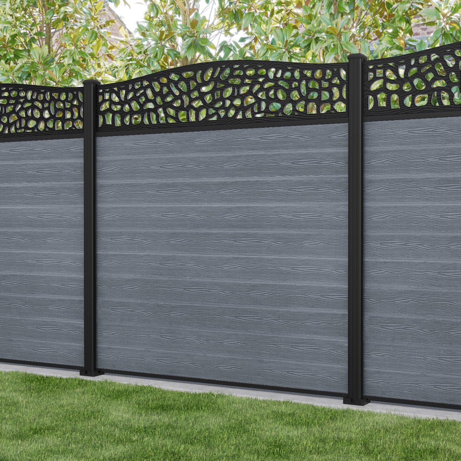 Classic Pebble Curved Top Fence Panel - Anthracite - with our aluminium posts