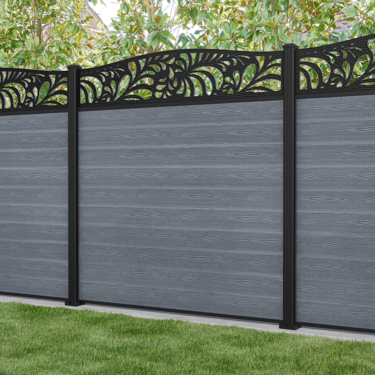 Classic Petal Curved Top Fence Panel - Anthracite - with our aluminium posts