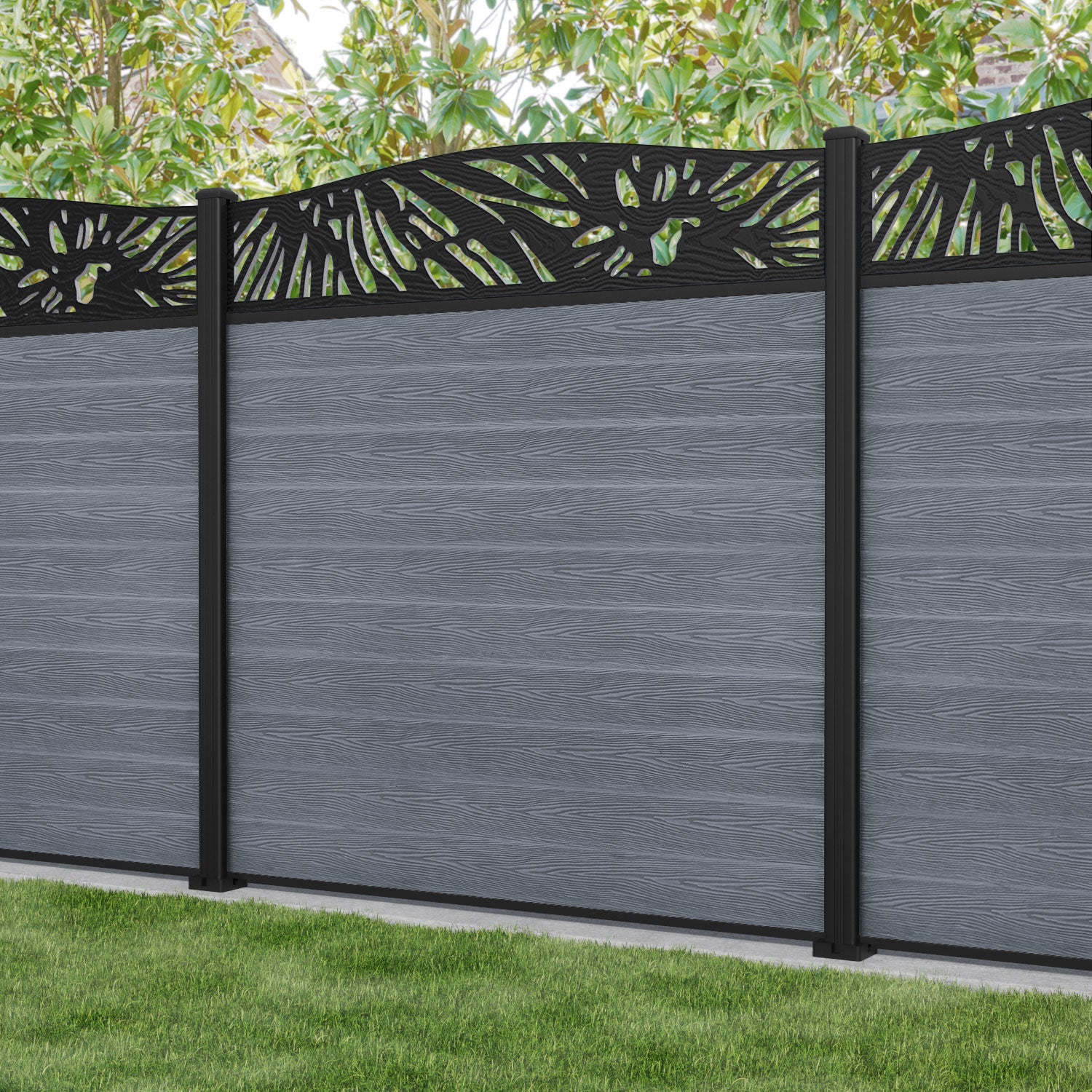 Classic Poppy Curved Top Fence Panel - Anthracite - with our aluminium posts