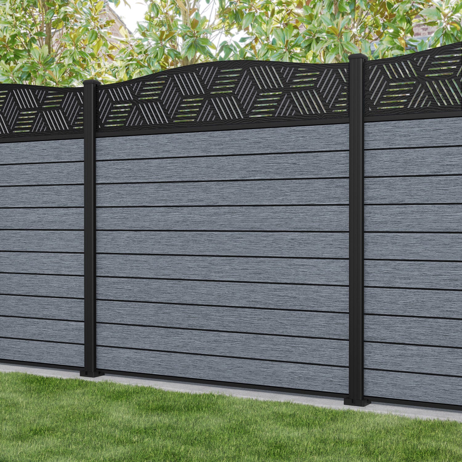 Fusion Cubed Curved Top Fence Panel - Anthracite - with our aluminium posts